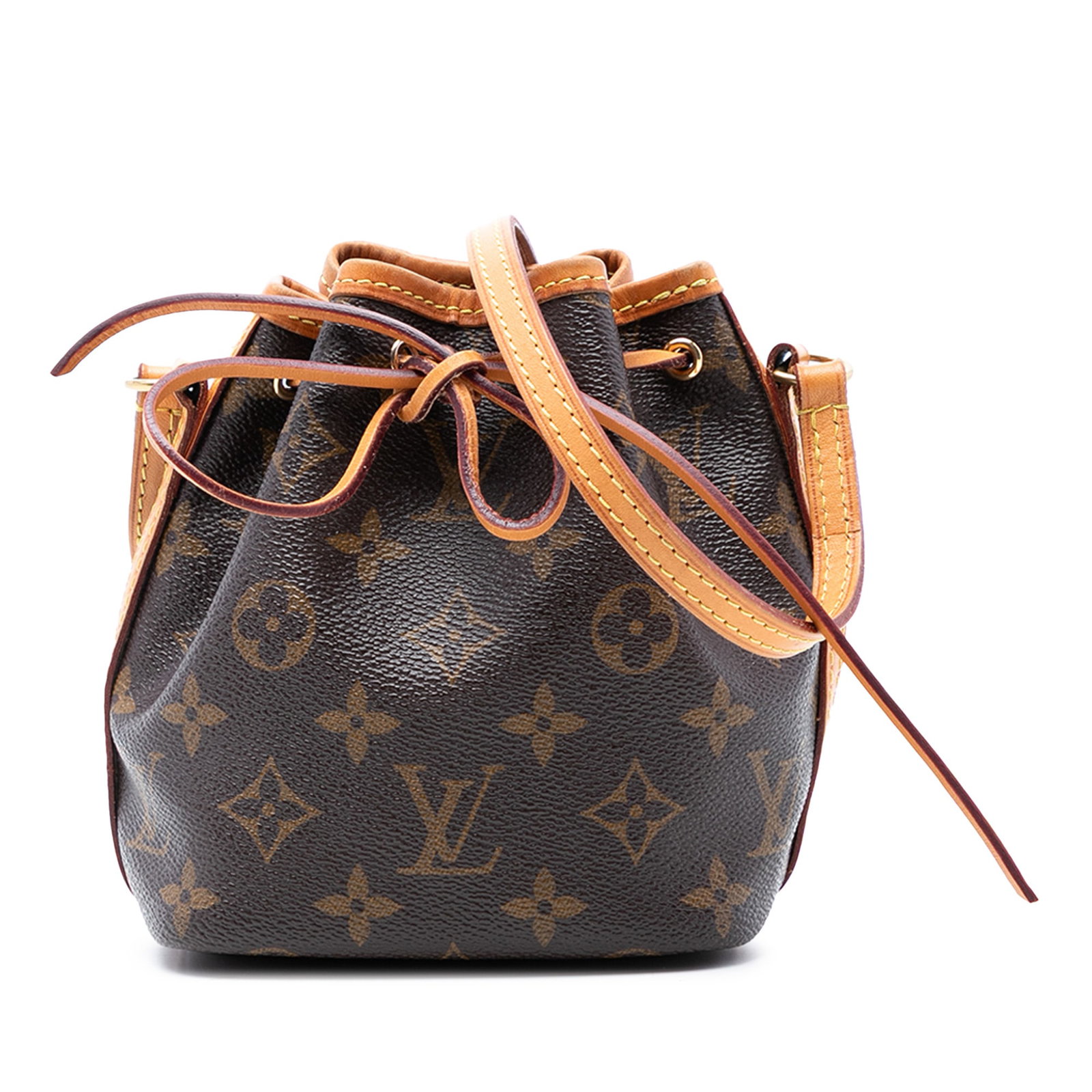 Louis Vuitton Nano Noe Brown Monogram Canvas Mini Shoulder Bag: Louis Vuitton Nano Noe Brown Monogram Canvas Mini Shoulder Bag This Louis Vuitton Monogram Nano Noe bag features a classic monogram canvas exterior with vachetta leather trim and a flat vachetta leath