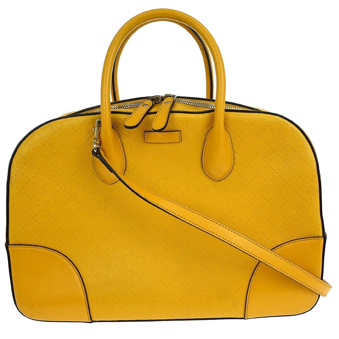 Gucci Yellow GG Leather 2way Handbag: Gucci Yellow GG Leather 2way Handbag This Gucci 2-way handbag features a yellow handle and strap, complemented by a pink leather exterior and beige lining. Designed in a medium size, it offers versati