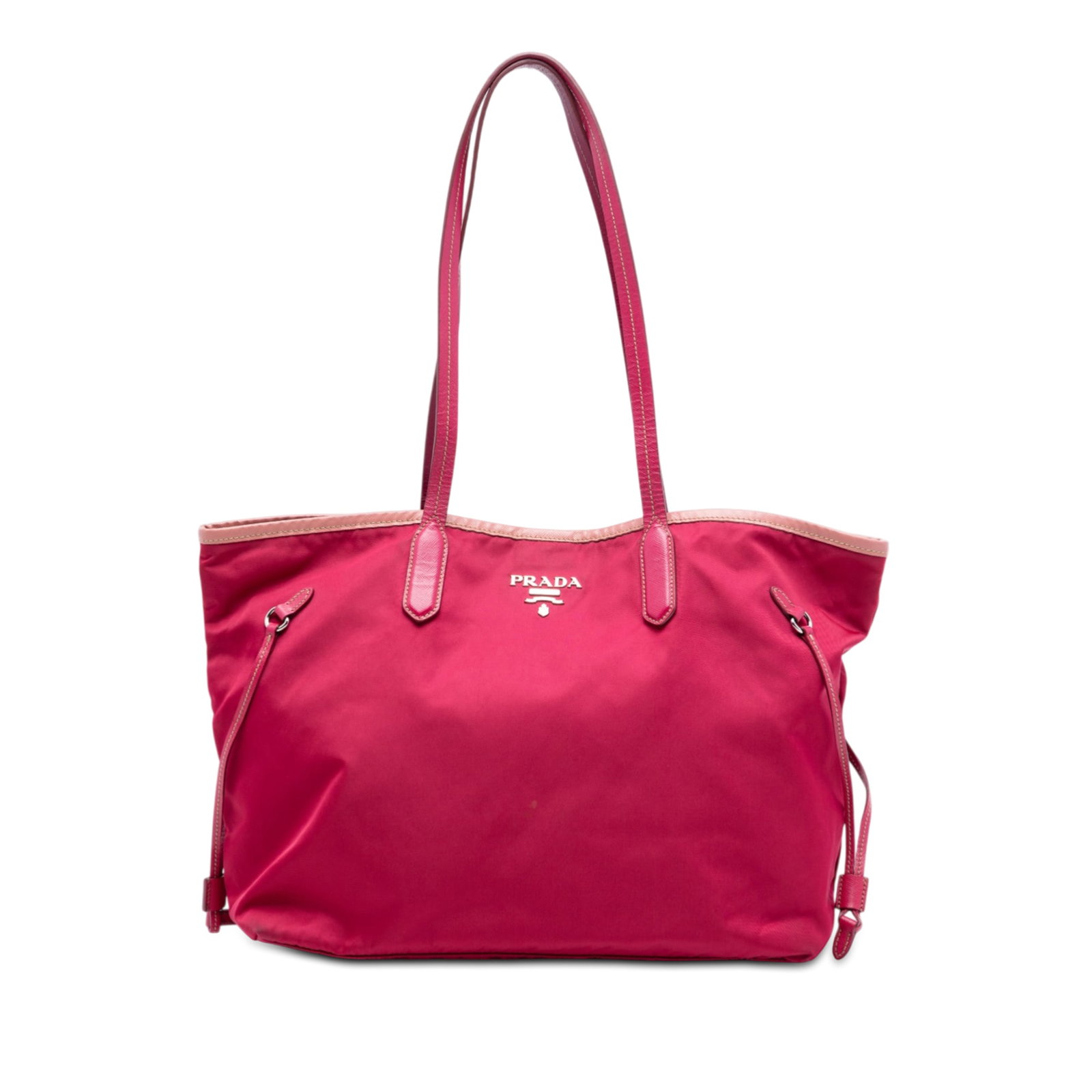 Prada Tessuto Tote with Saffiano Leather Trim Pink Nylon Convertible Bag: Prada Tessuto Tote with Saffiano Leather Trim Pink Nylon Convertible Bag This Prada Saffiano Trimmed Tessuto Open Convertible Tote features a pink nylon body with saffiano leather trim, flat leather s