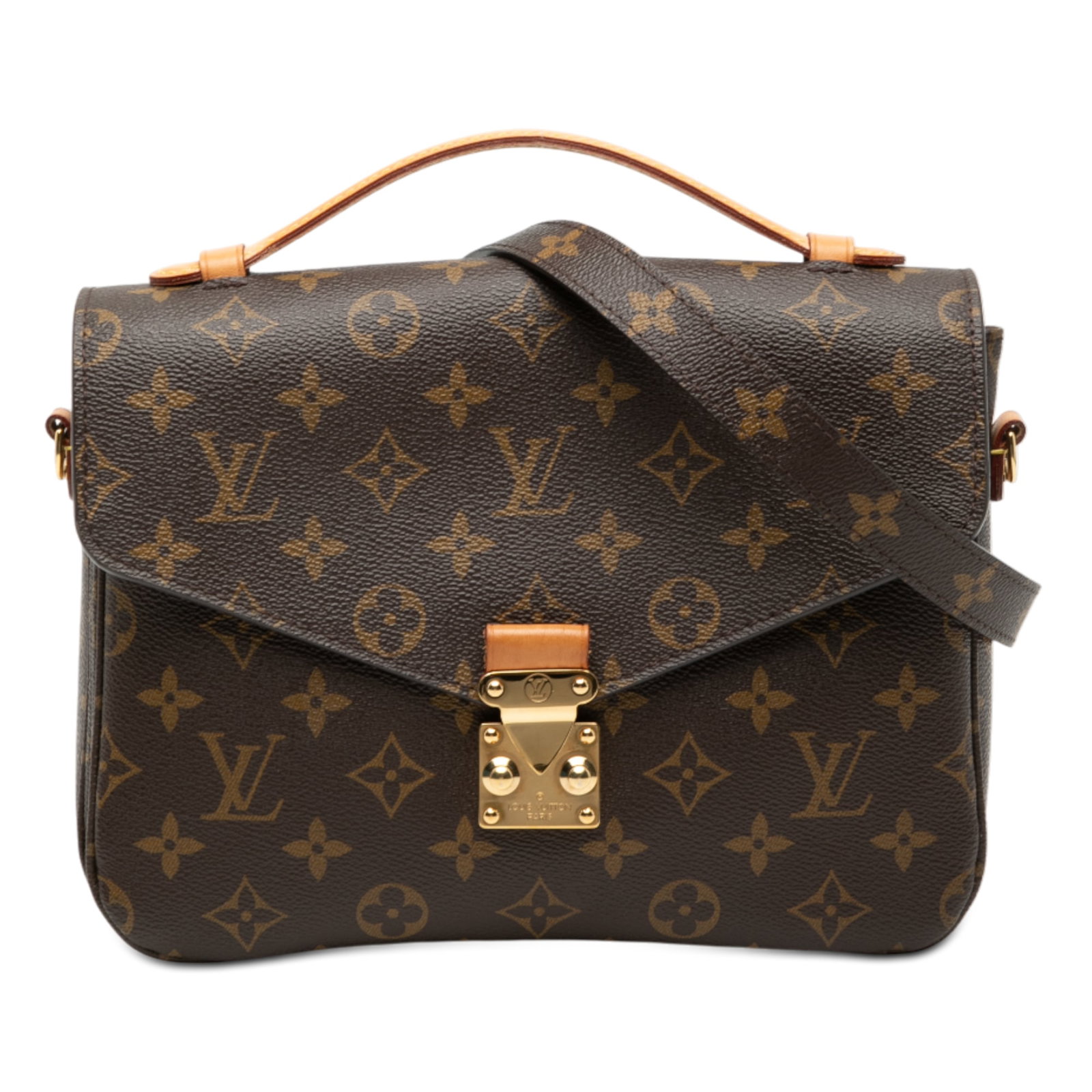 Louis Vuitton Pochette Metis Monogram Canvas Shoulder Bag with S-Lock Flap: Louis Vuitton Pochette Metis Monogram Canvas Shoulder Bag with S-Lock Flap The Louis Vuitton Monogram Pochette Metis is crafted with a signature monogram canvas body and features a flat vachetta leath