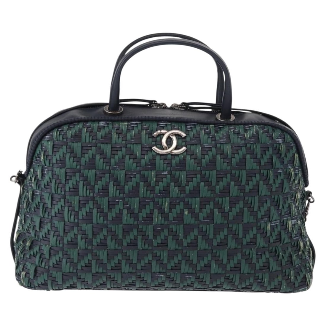 Chanel Green Woven Calfskin Convertible Bowler Bag with Chain Strap: Chanel Green Woven Calfskin Convertible Bowler Bag with Chain Strap This Chanel Convertible Chain Bowler Bag is crafted from woven calfskin leather in a green hue. Designed for women, this pre-owned h