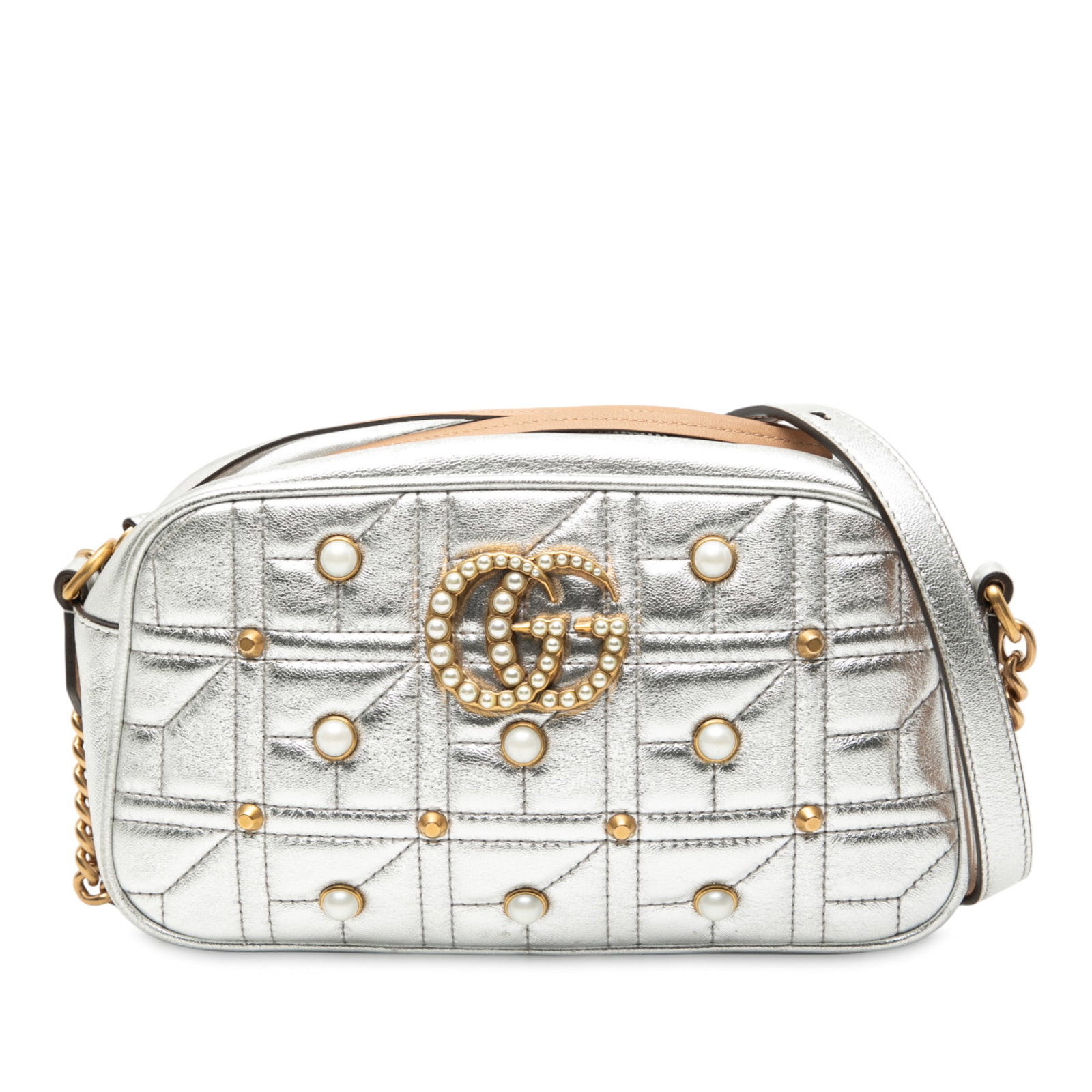 Gucci GG Marmont Aria Pearl Studded Quilted Leather Small Crossbody Bag: Gucci GG Marmont Aria Pearl Studded Quilted Leather Small Crossbody Bag This Gucci Small GG Marmont Aria crossbody bag is crafted from quilted leather and adorned with faux pearl studs. It features a 