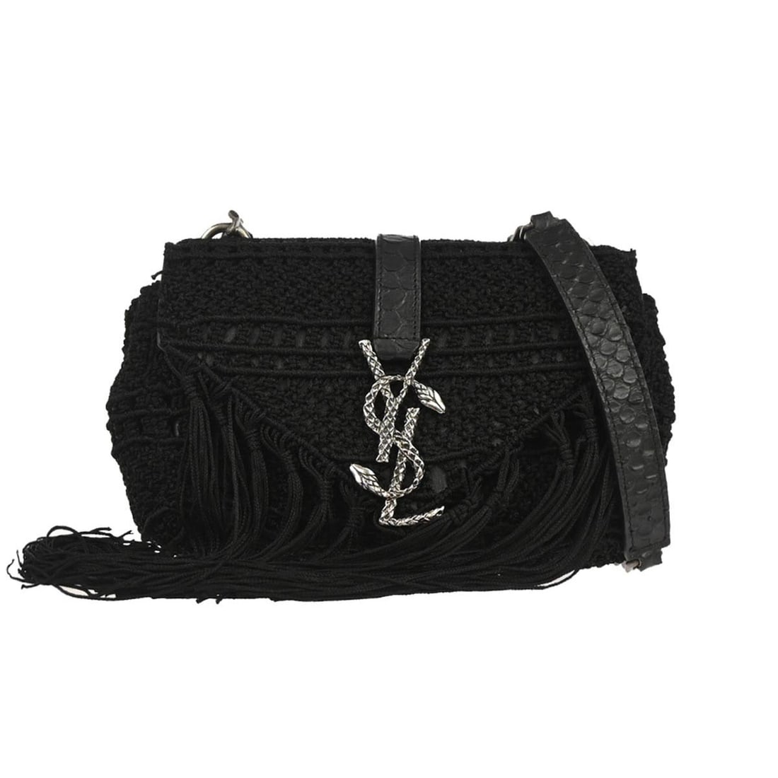 Saint Laurent Baby Mini Black Crochet Crossbody Bag with Logo Accent: Saint Laurent Baby Mini Black Crochet Crossbody Bag with Logo Accent This Saint Laurent Baby Crochet shoulder bag features a mini size with a crossbody strap, crafted in black leather and fabric. Desi