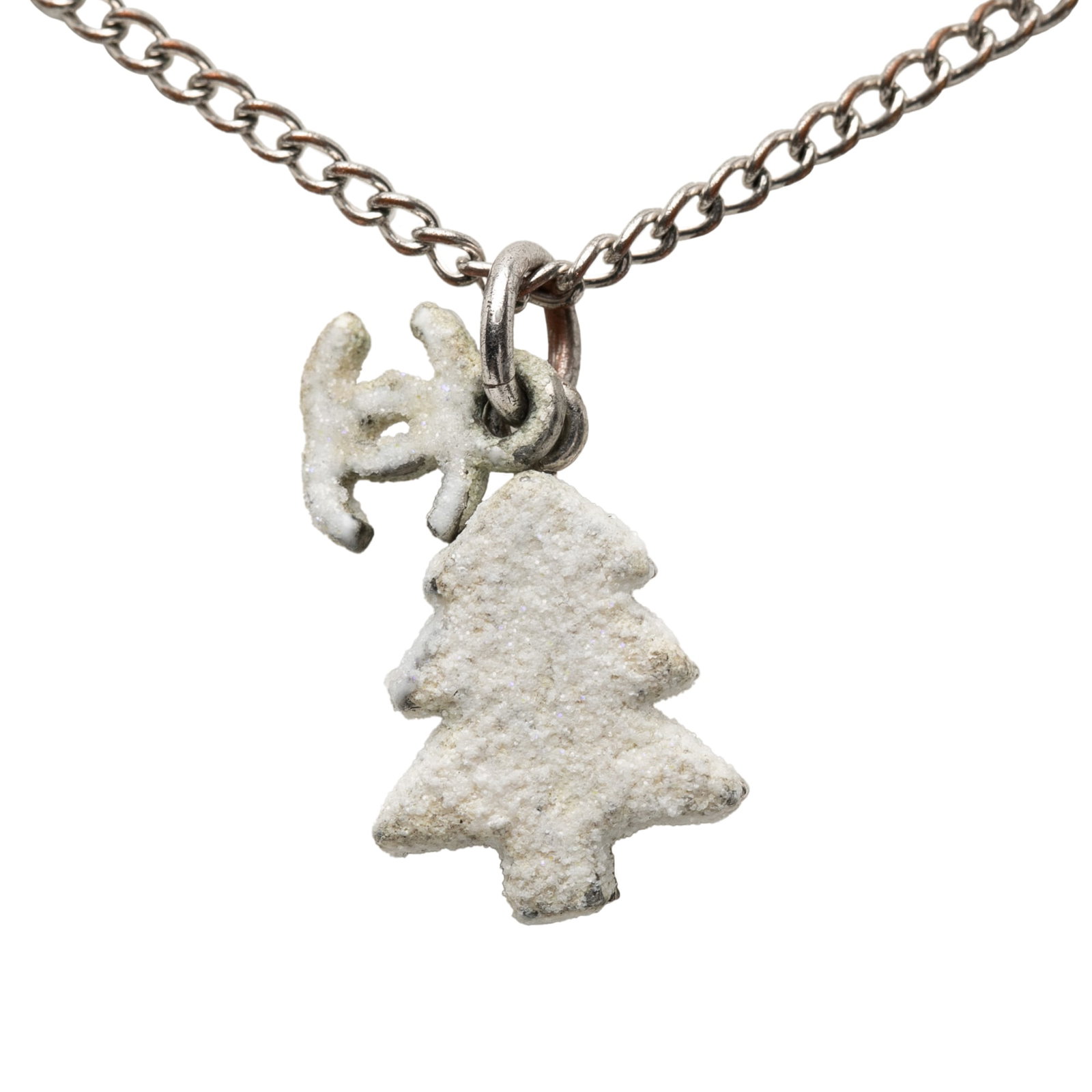 Chanel Christmas Tree CC Pendant Necklace Silver Tone Metal: Chanel Christmas Tree CC Pendant Necklace Silver Tone Metal This Chanel necklace features a silver-tone metal body with a festive Christmas tree and iconic CC pendant, secured by a lobster clasp closu