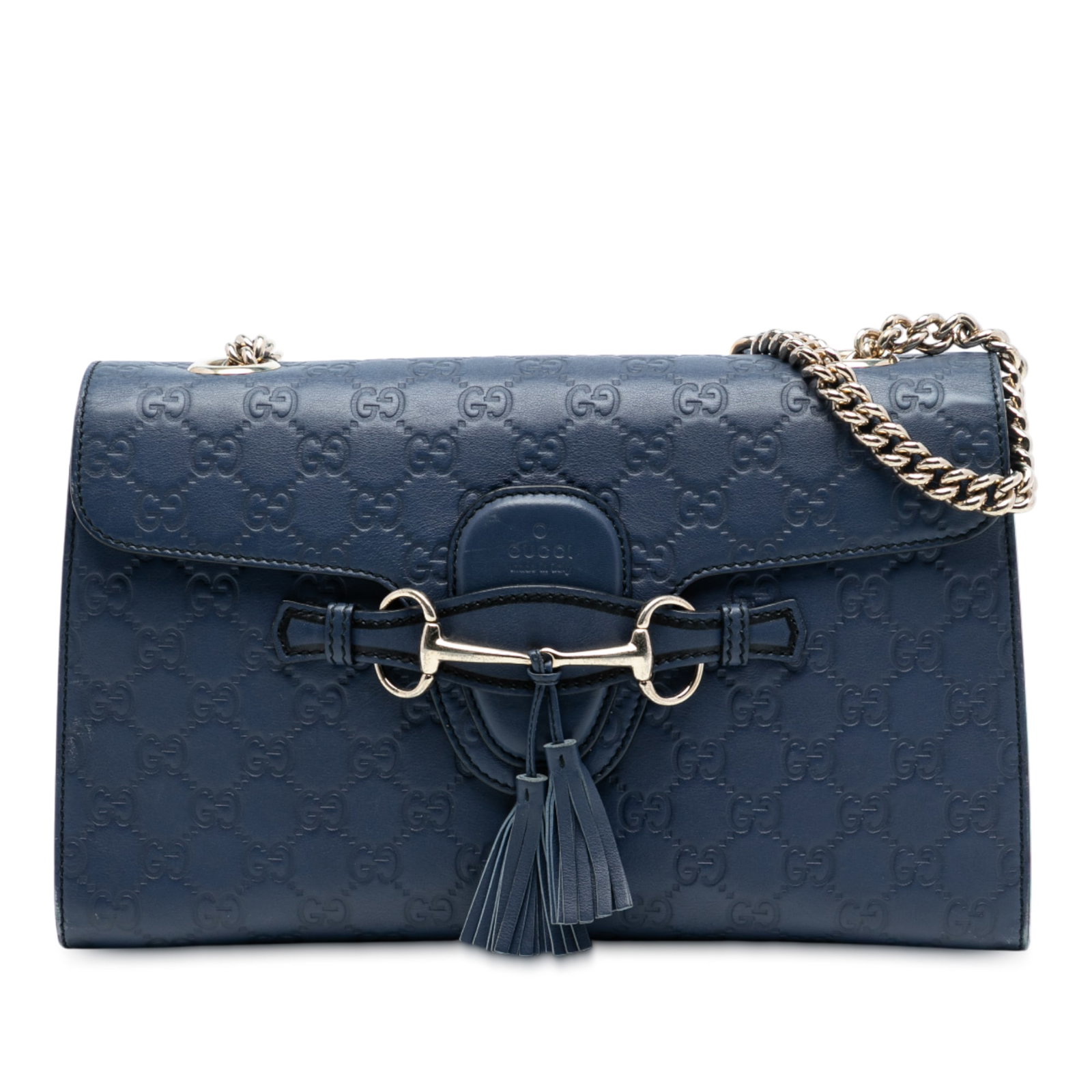 Gucci Guccissima Emily Blue Leather Chain Shoulder Bag Medium: Gucci Guccissima Emily Blue Leather Chain Shoulder Bag Medium This Medium Guccissima Emily Shoulder Bag is crafted from embossed leather in a blue hue and features a chain link shoulder strap, a front