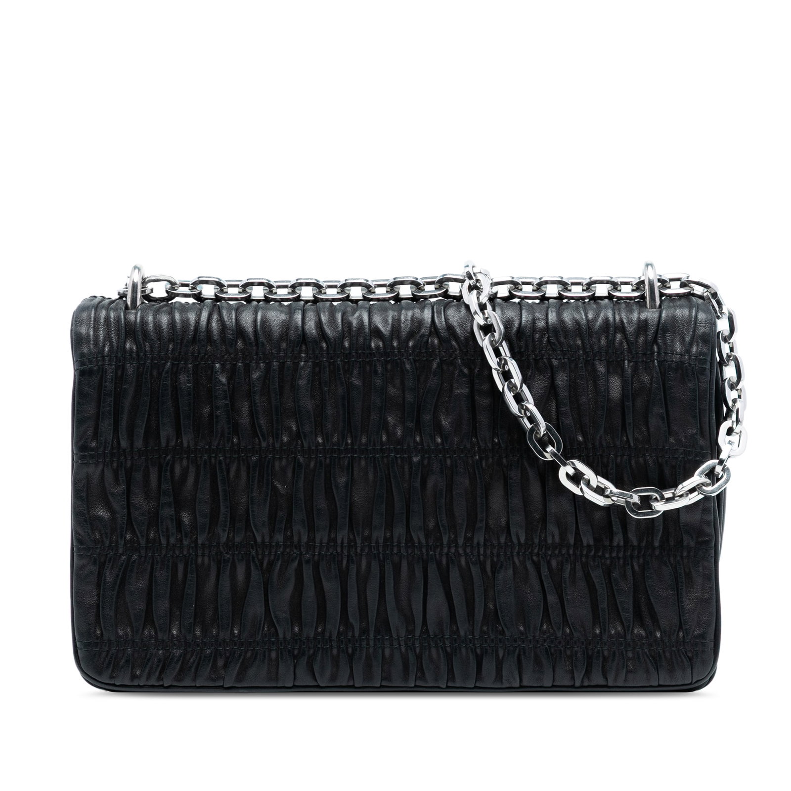 Black Prada Nappa Gaufre Leather Shoulder Bag with Chain Strap: Black Prada Nappa Gaufre Leather Shoulder Bag with Chain Strap This Prada Nappa Gaufre shoulder bag features a gathered nappa leather body in black, complemented by a chain link strap with a leather g