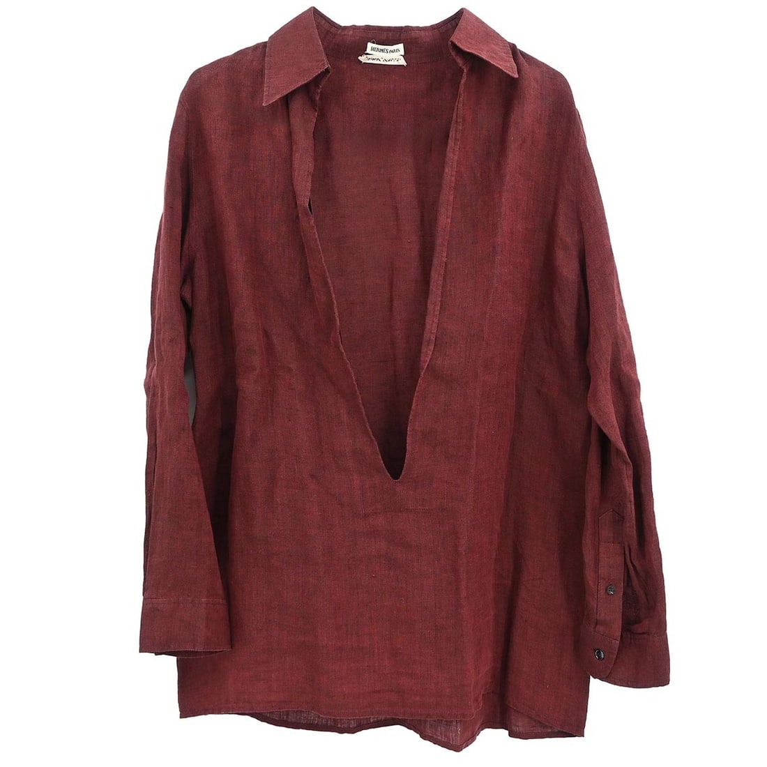Vintage Hermes Bordeaux Linen Blouse Size 36 Long Sleeve: Vintage Hermes Bordeaux Linen Blouse Size 36 Long Sleeve Elevate your casual wardrobe with this vintage Hermes blouse in a rich Bordeaux color. Crafted from 100% linen, this long-sleeve garment featur