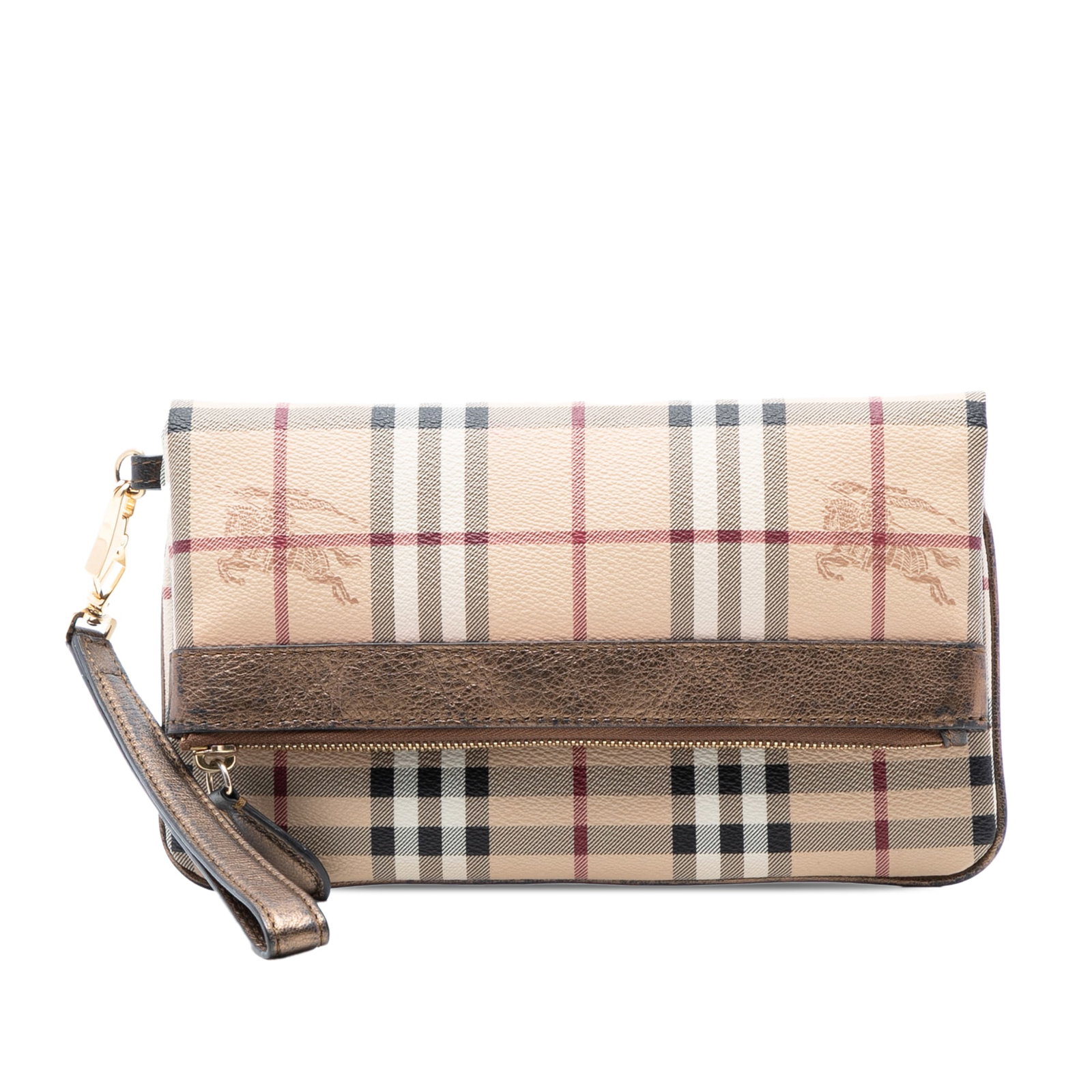 Burberry Adeline Wristlet Clutch in Haymarket Check Coated Canvas: Burberry Adeline Wristlet Clutch in Haymarket Check Coated Canvas This Burberry Adeline wristlet clutch features the signature Haymarket Check coated canvas with metallic leather trim. The design incl