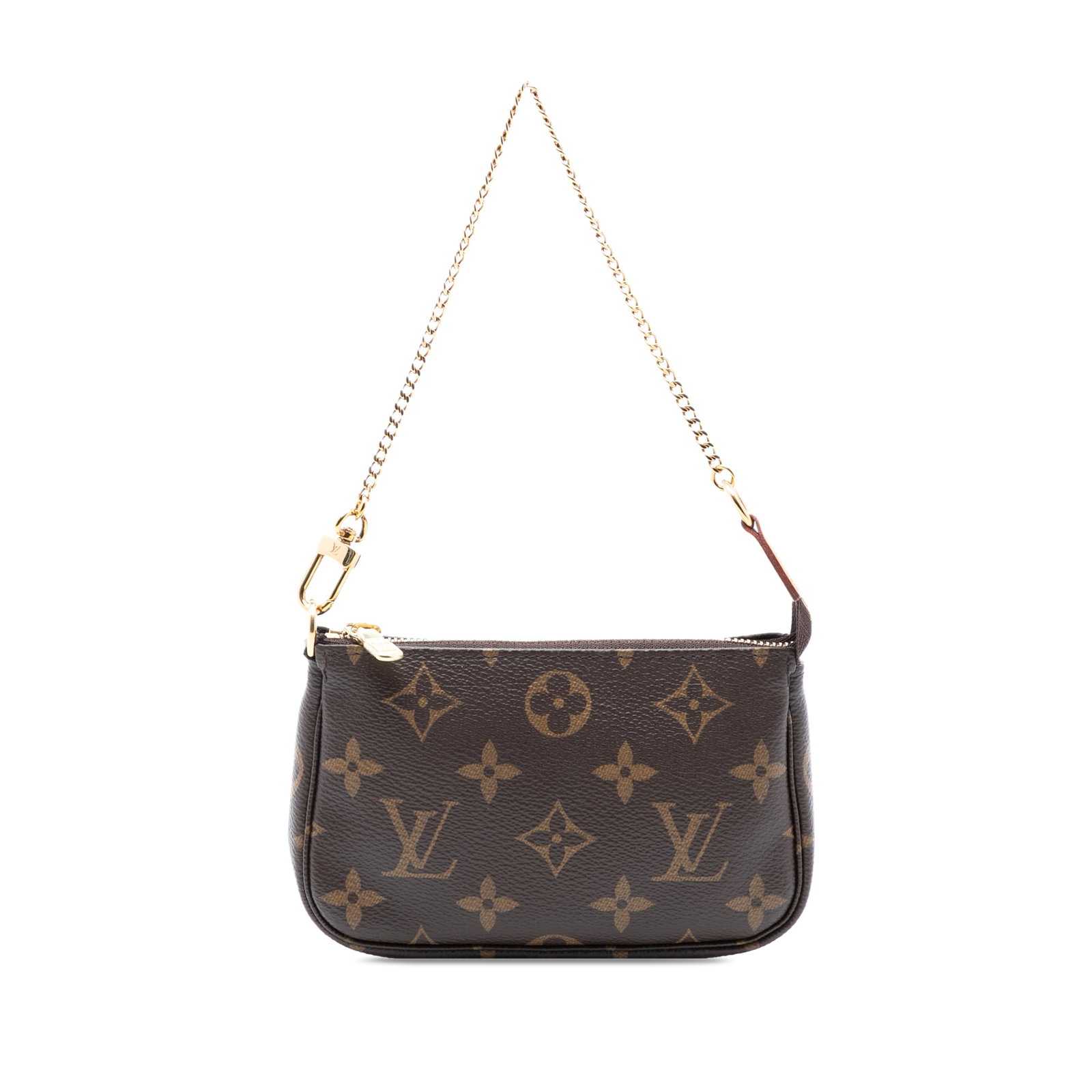 Brown Monogram Canvas Mini Pochette Bag with Gold Chain by Louis Vuitton: Brown Monogram Canvas Mini Pochette Bag with Gold Chain by Louis Vuitton This Louis Vuitton Mini Pochette Accessoires features the signature monogram canvas body accented with a gold-tone chain strap 
