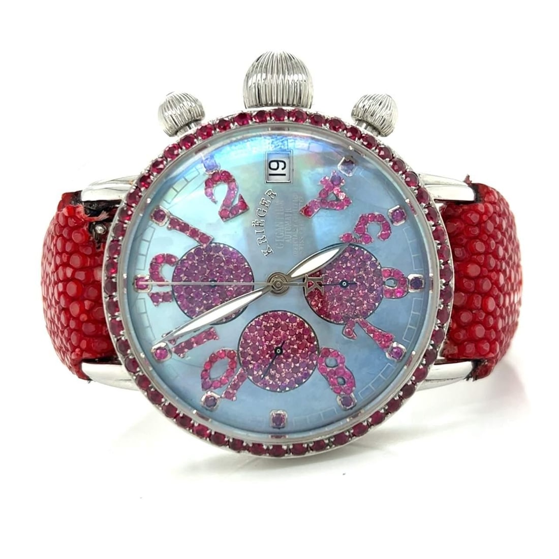 Krieger Gigantium Chronograph Limited Edition Watch Mother of Pearl Ruby: Krieger Gigantium Chronograph Limited Edition Watch Mother of Pearl Ruby Discover the exquisite Krieger Gigantium Chronograph, a limited edition watch featuring a stunning 42mm stainless steel case. T