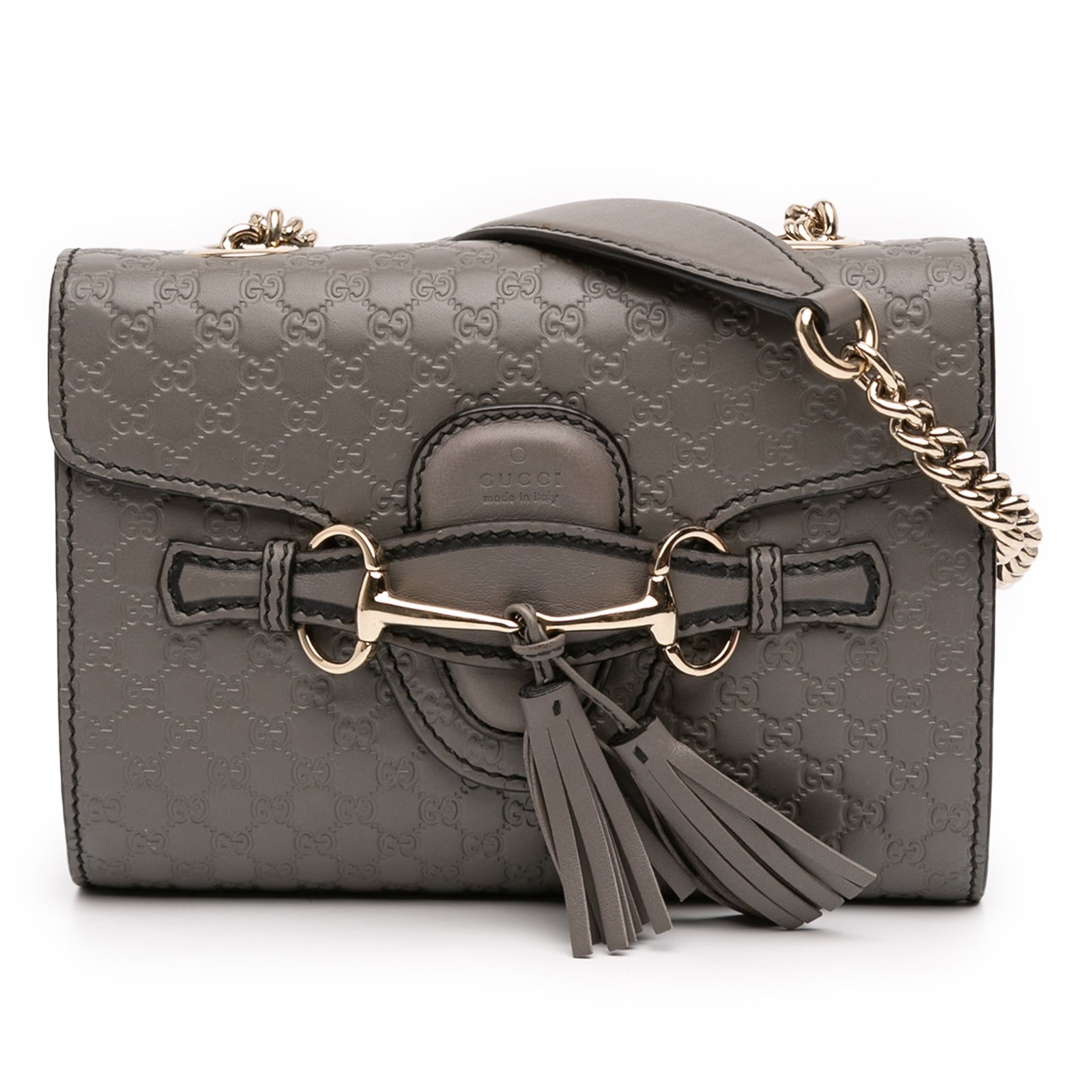 Gucci Mini Emily Microguccissima Leather Crossbody Bag with Tassel Accent: Gucci Mini Emily Microguccissima Leather Crossbody Bag with Tassel Accent This Gucci Mini Microguccissima Emily Crossbody features an embossed leather exterior in gray, complemented by a chain link sh