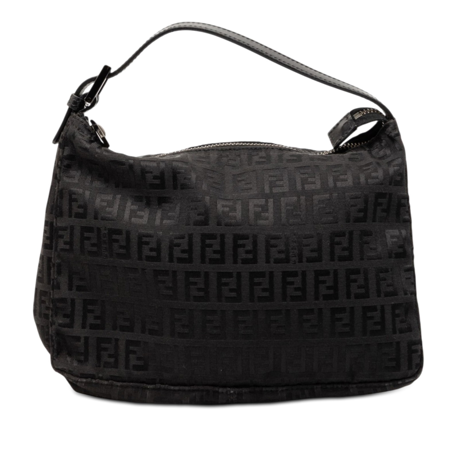 Fendi Zucchino Pattern Black Canvas Shoulder Bag with Leather Handle: Fendi Zucchino Pattern Black Canvas Shoulder Bag with Leather Handle This Fendi Zucchino Canvas Handbag features a durable canvas body with the iconic Zucchino motif, complemented by a flat leather ha
