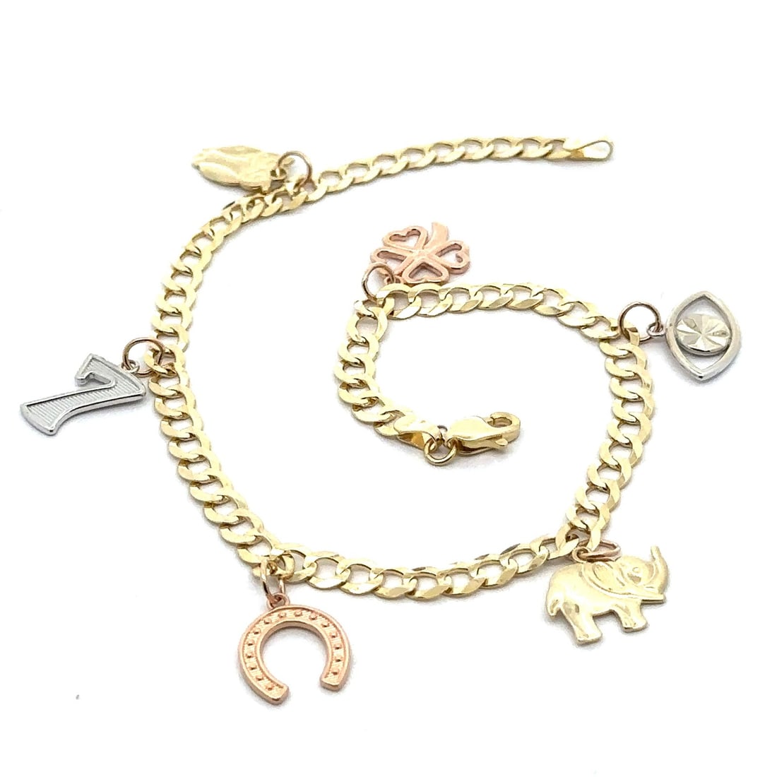 14k Gold 10 Inch Good Luck Charm Curb Link Anklet: 14k Gold 10 Inch Good Luck Charm Curb Link Anklet This exquisite anklet features a charming Good Luck theme, crafted from solid 14k yellow, white, and rose gold. The 10-inch curb link chain is designe