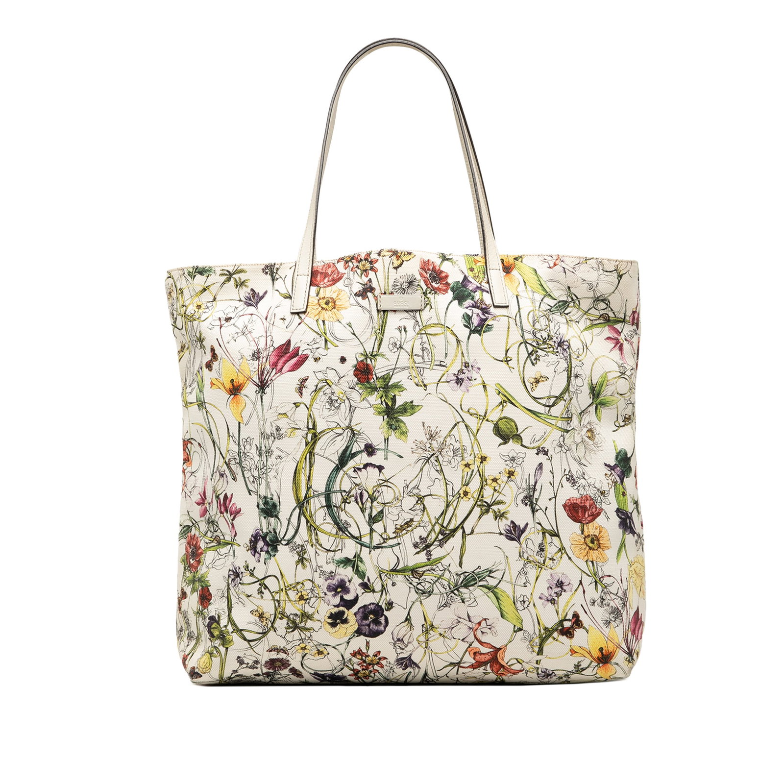 Gucci Flora Print Canvas Tote Bag with Leather Handles: Gucci Flora Print Canvas Tote Bag with Leather Handles This Gucci Canvas Flora Tote features a vibrant printed canvas body with flat leather straps and an open top design. The interior is equipped wit