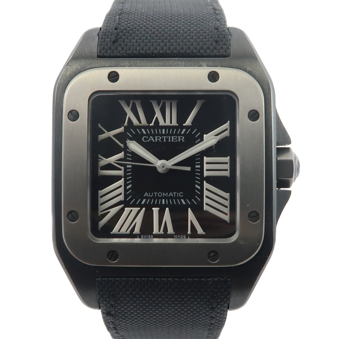 Cartier Santos 100 ADLC Black Stainless Steel Automatic Wristwatch: Cartier Santos 100 ADLC Black Stainless Steel Automatic Wristwatch This CARTIER Santos 100 ADLC Automatic Watch features a robust stainless steel construction with a sleek black finish. Designed for m
