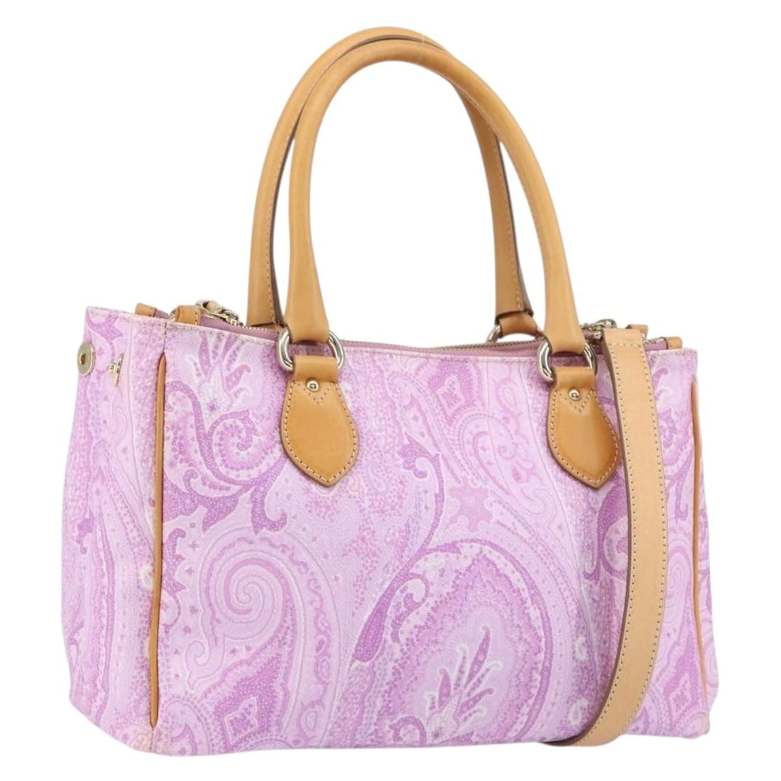 Etro Pink Gold Paisley PVC Leather Handbag with Shoulder Strap: Etro Pink Gold Paisley PVC Leather Handbag with Shoulder Strap This ETRO Paisley handbag features a stylish 2-way design crafted from PVC leather in pink and gold tones. Made in Italy, it comes with b