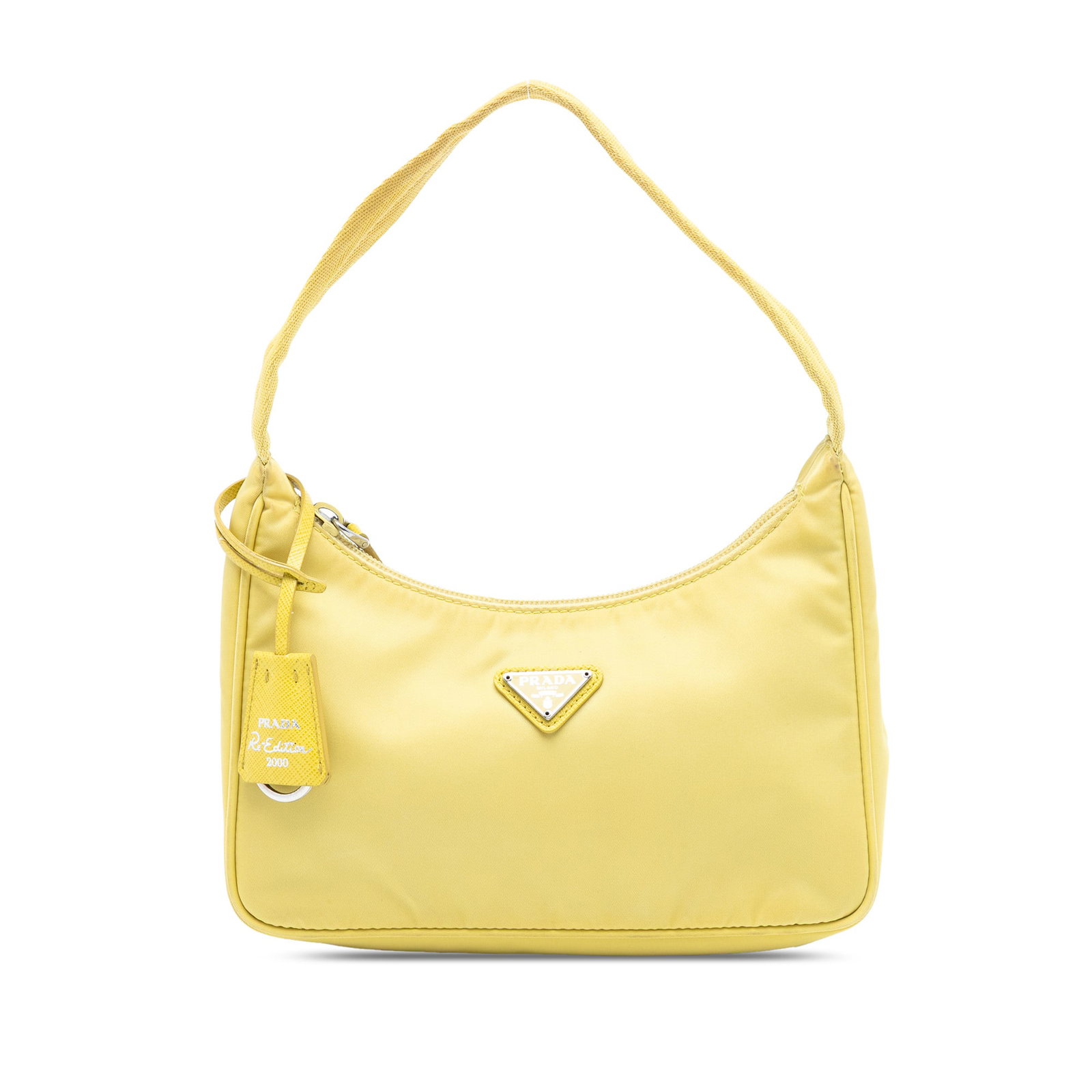 Prada Mini Tessuto Re Edition 2000 Yellow Nylon Shoulder Bag: Prada Mini Tessuto Re Edition 2000 Yellow Nylon Shoulder Bag This Prada Mini Tessuto Re Edition 2000 Shoulder Bag is crafted from yellow nylon fabric and features a flat strap with a top zip closure. 