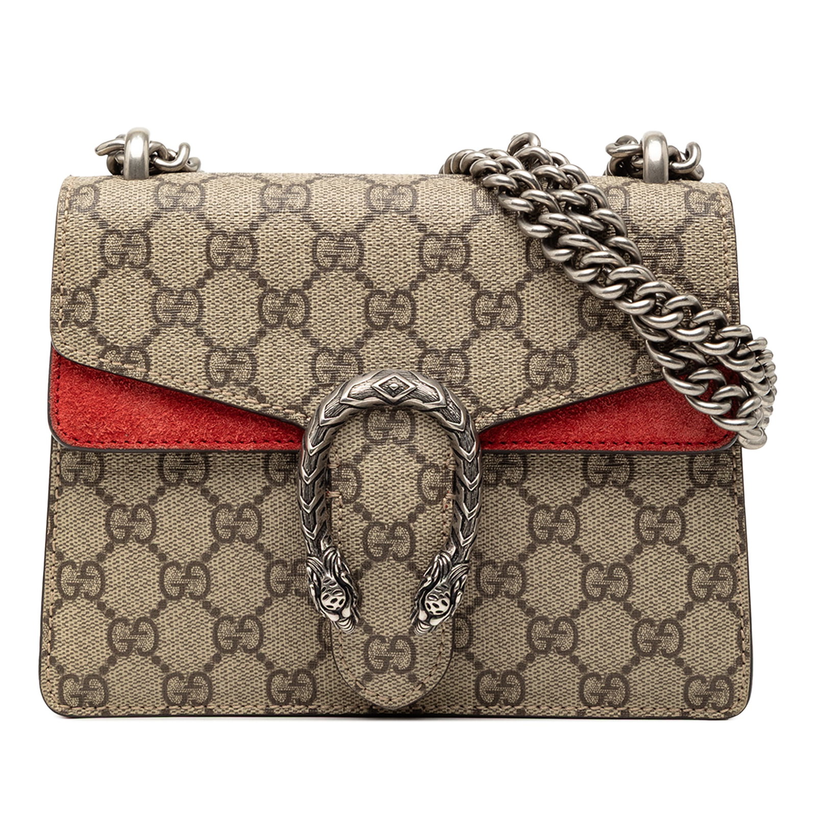 Gucci Dionysus Small GG Supreme Beige Canvas Crossbody Bag: Gucci Dionysus Small GG Supreme Beige Canvas Crossbody Bag This Gucci Small GG Supreme Dionysus crossbody bag features a coated canvas exterior with suede leather trim and a silver-tone chain strap. T