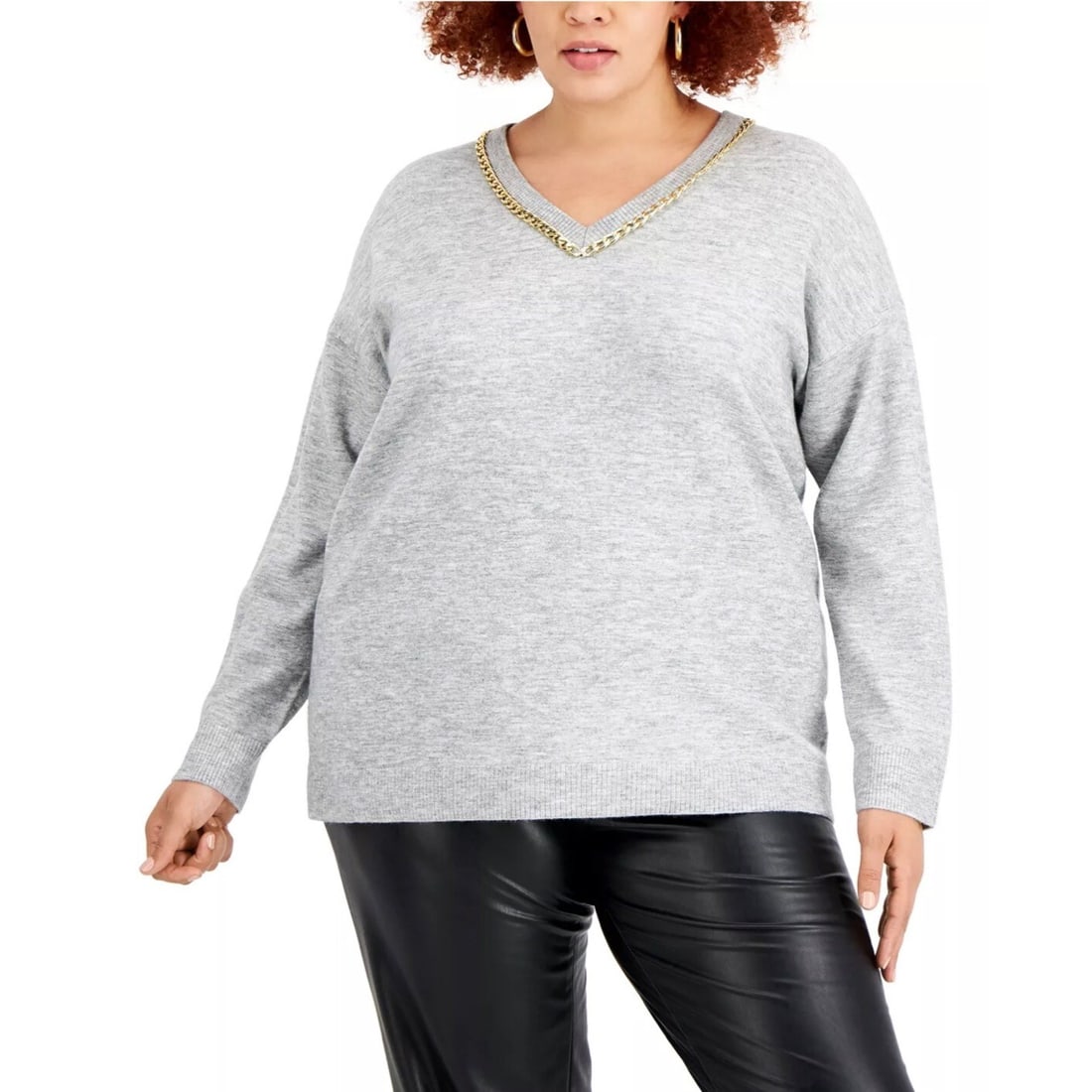 INC International Concepts Plus Size Belle Grey Sweater 3X with Chain Trim: INC International Concepts Plus Size Belle Grey Sweater 3X with Chain Trim Elevate your casual wardrobe with this stylish plus size sweater from INC International Concepts. Designed in a chic belle gr