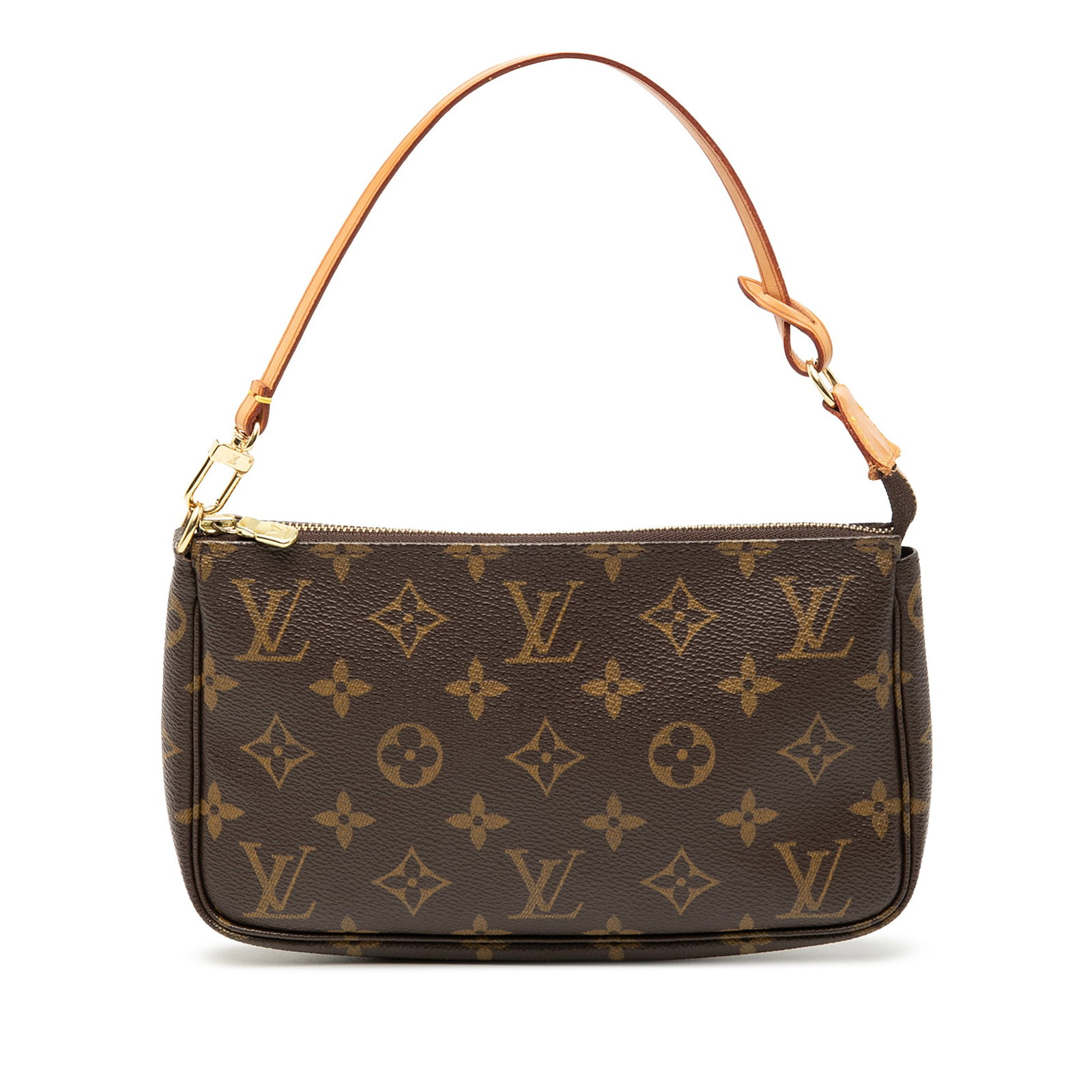 Louis Vuitton Monogram Canvas Pochette Accessoires Brown Handbag with Leather Handle: Louis Vuitton Monogram Canvas Pochette Accessoires Brown Handbag with Leather Handle This Louis Vuitton Pochette Accessoires features the classic monogram canvas body, complemented by a flat vachetta 