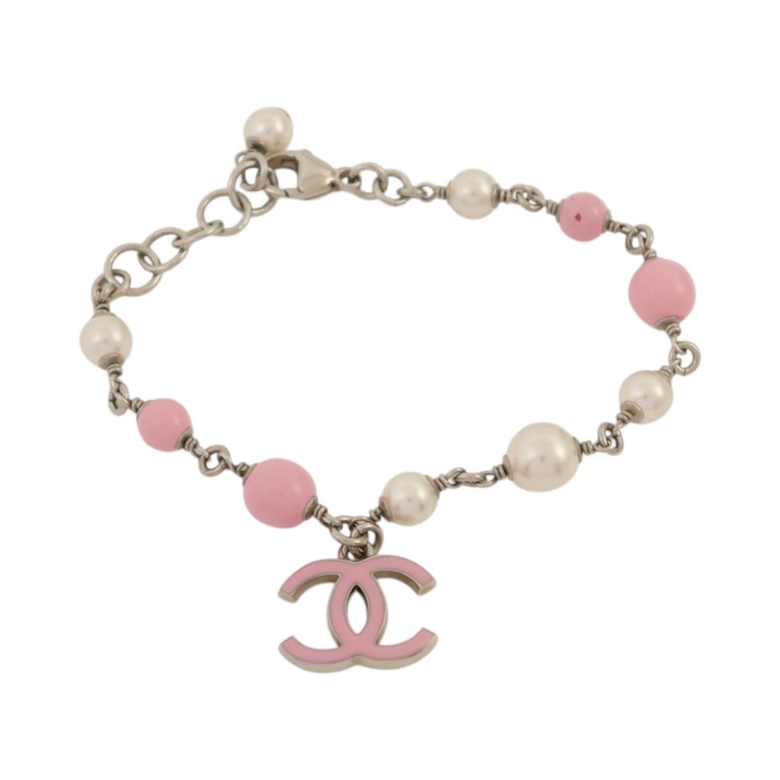 Chanel Pink White Silver CC Logo PVC Metal Women's Bracelet: Chanel Pink White Silver CC Logo PVC Metal Women's Bracelet This CHANEL bracelet features a blend of PVC and metal in a stylish silver, pink, and white color combination. Designed for women, this acce