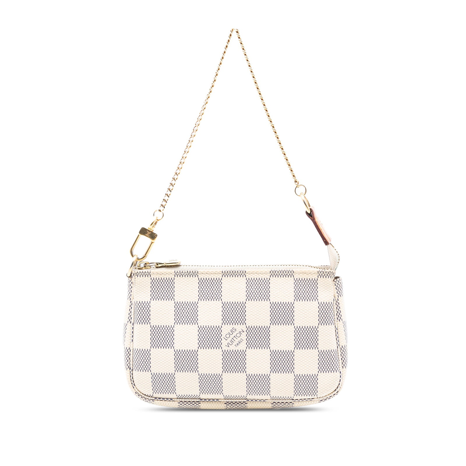 Louis Vuitton Mini Accessoires Pouch in Damier Azur Canvas: Louis Vuitton Mini Accessoires Pouch in Damier Azur Canvas This Louis Vuitton Mini Pochette Accessoires features the signature Damier Azur canvas in white, complemented by a chain link strap and a top