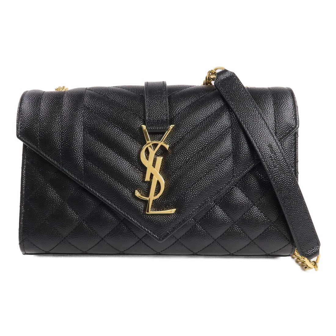 Saint Laurent Envelope Small Black Calfskin Chain Shoulder Bag Gold Hardware: Saint Laurent Envelope Small Black Calfskin Chain Shoulder Bag Gold Hardware This Saint Laurent Envelope Small Chain Shoulder Bag features black calfskin leather and a structured silhouette. Designed 