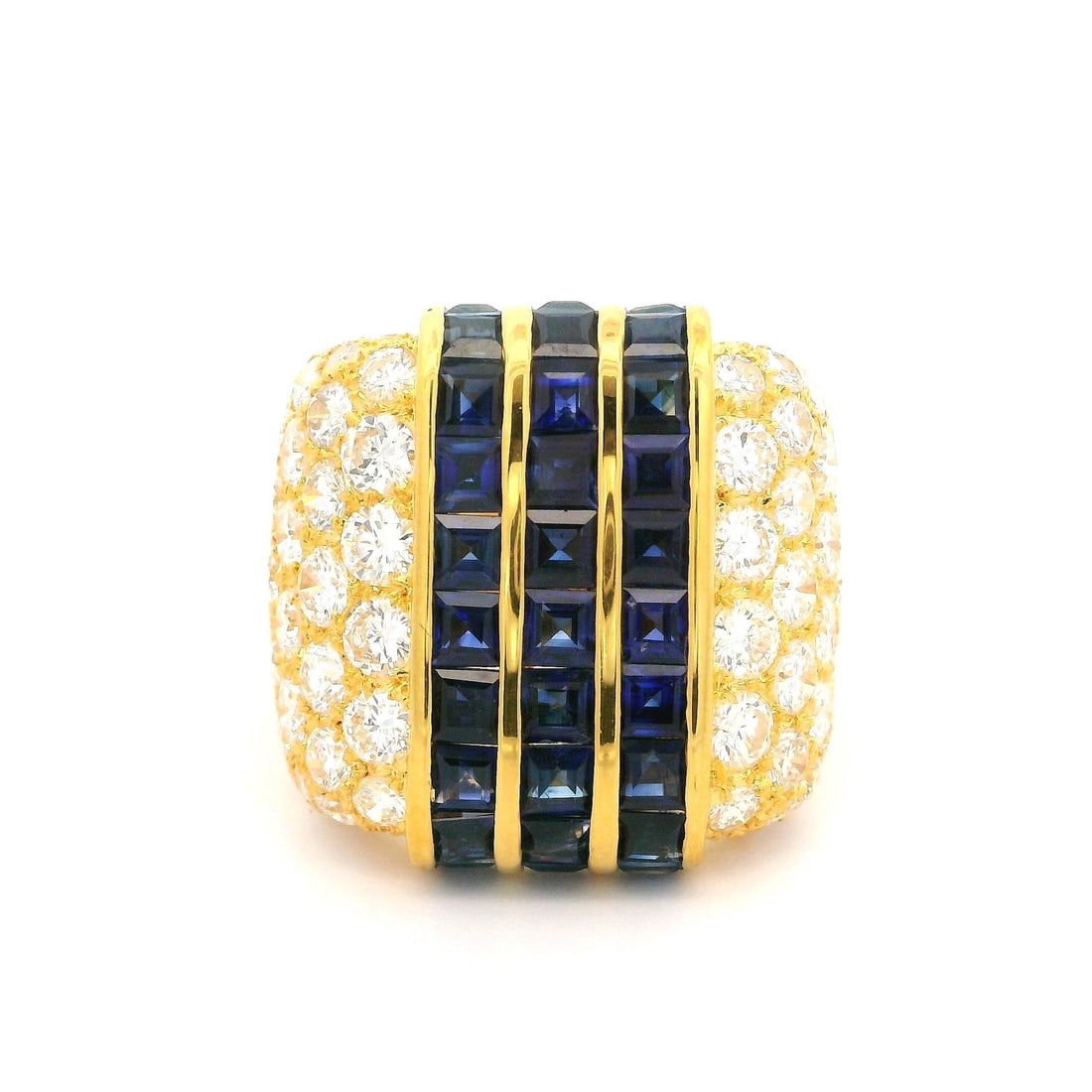18k Yellow Gold 6.54ctw Sapphire Diamond Cocktail Ring 19.7mm Wide: 18k Yellow Gold 6.54ctw Sapphire Diamond Cocktail Ring 19.7mm Wide This exquisite 18k yellow gold cocktail ring showcases a stunning combination of sapphires and diamonds, making it a perfect statemen
