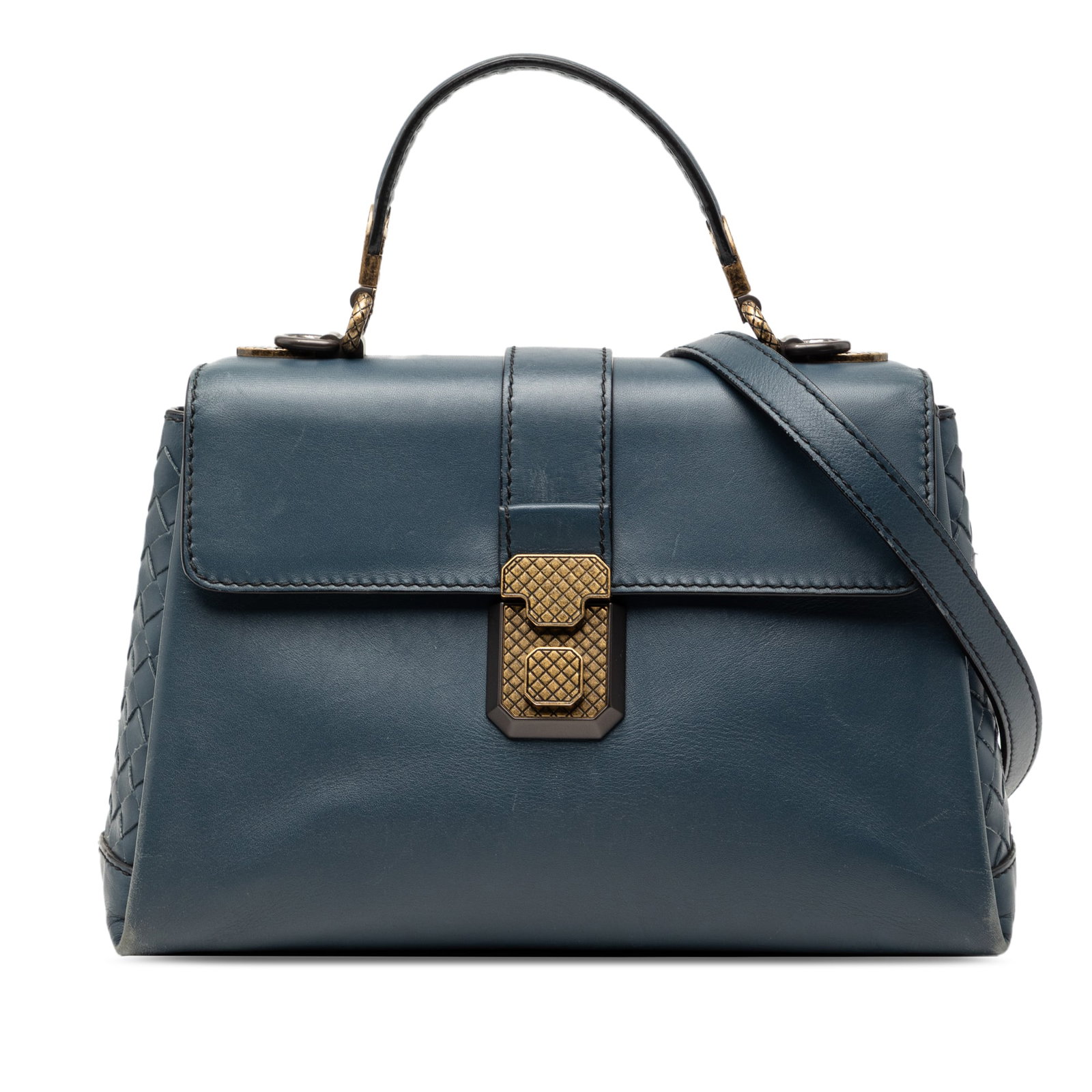Bottega Veneta Piazza Small Blue Nappa Leather Satchel with Intrecciato Trim (1 of 7)