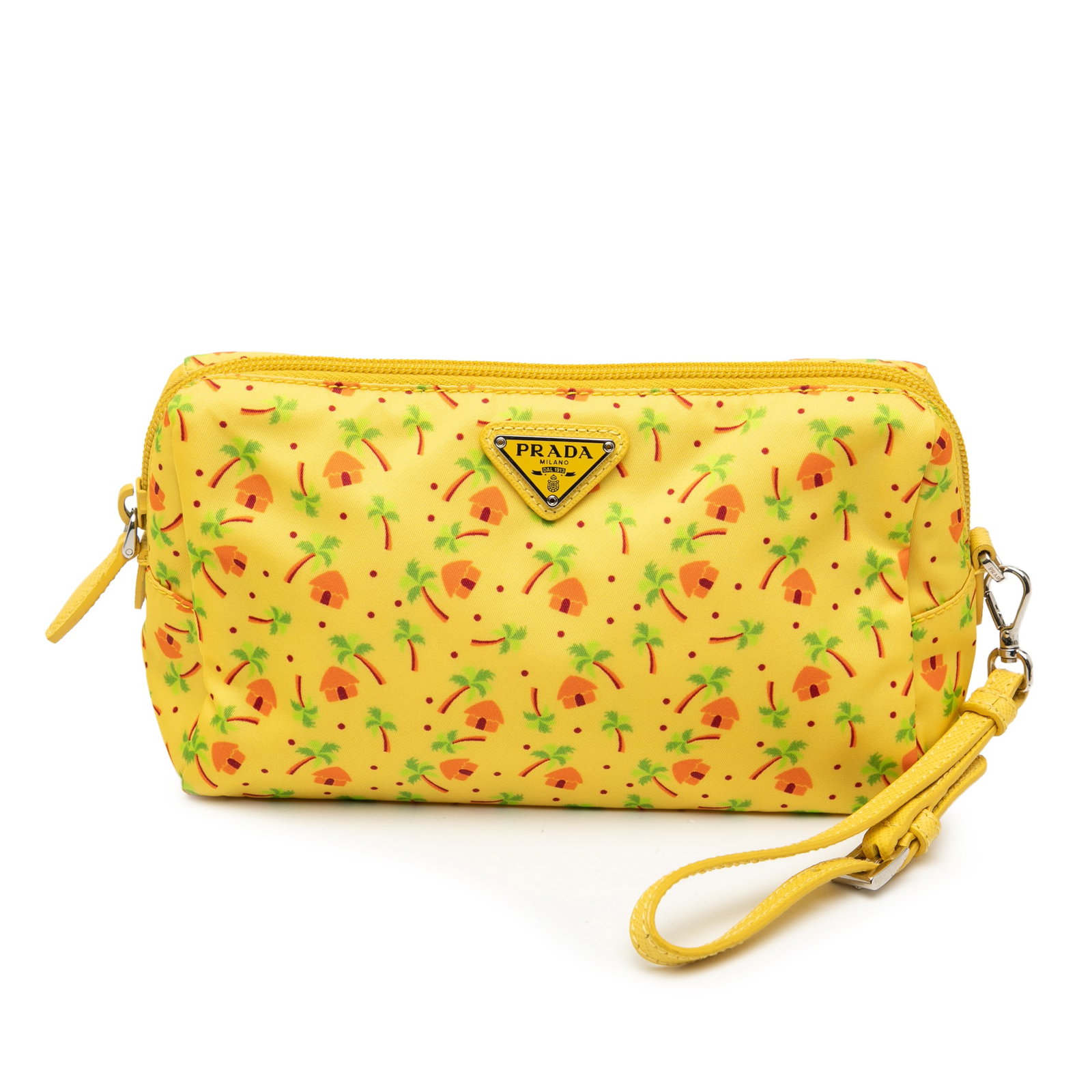Yellow Tessuto Stampato Palm Print Nylon Pouch with Wrist Strap by Prada: Yellow Tessuto Stampato Palm Print Nylon Pouch with Wrist Strap by Prada This Prada Tessuto Stampato Palm Cosmetic Pouch features a vibrant printed nylon exterior with palm motifs, complemented by a d