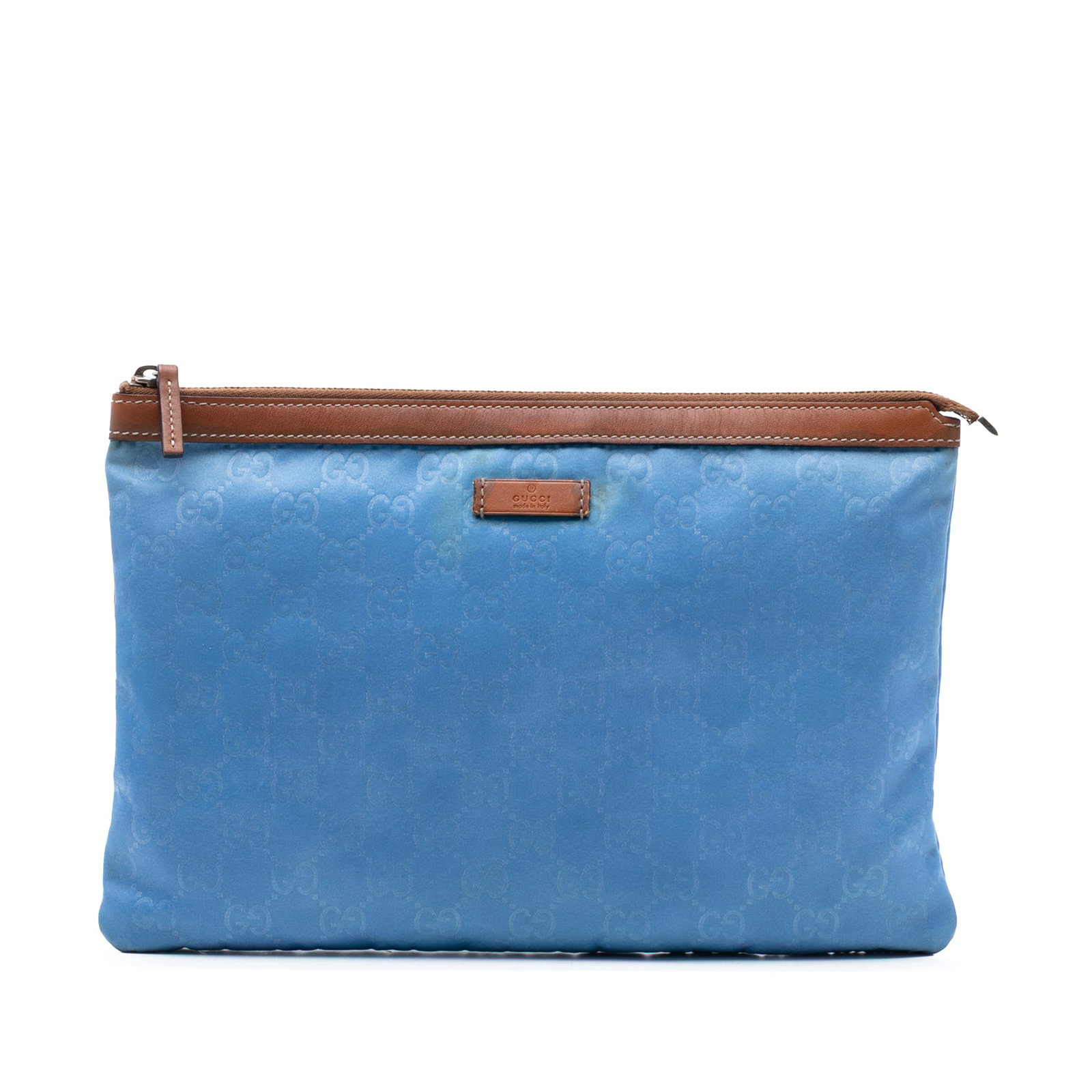 Blue Gucci GG Nylon Clutch Bag with Leather Trim and Top Zip Closure: Blue Gucci GG Nylon Clutch Bag with Leather Trim and Top Zip Closure This Gucci GG Nylon Top Zip Clutch features a blue nylon body with leather trim and a secure top zip closure. The clutch shows sign