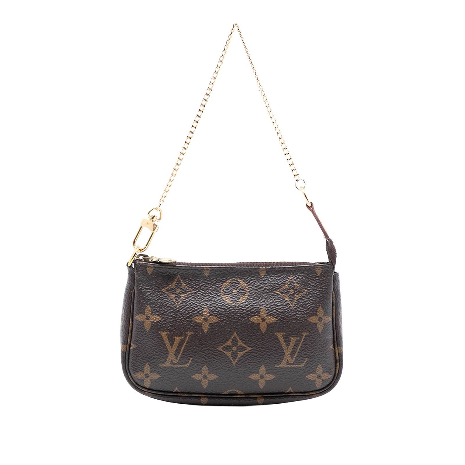 Mini Pochette Accessoires bag in Louis Vuitton monogram canvas with gold-tone chain: Mini Pochette Accessoires bag in Louis Vuitton monogram canvas with gold-tone chain This Louis Vuitton Mini Pochette Accessoires features the iconic monogram canvas body, a gold-tone chain strap, and 