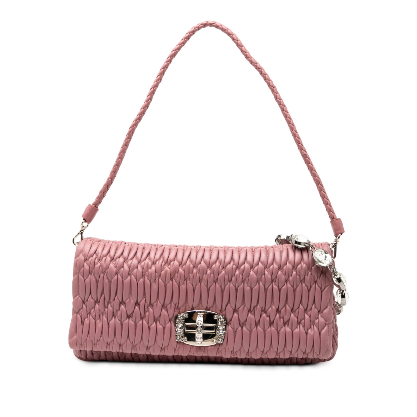 Pink Miu Miu Crystal Chain Matelasse Nappa Leather Satchel Bag: Pink Miu Miu Crystal Chain Matelasse Nappa Leather Satchel Bag This Miu Miu Matelasse Nappa Crystal Chain Satchel features a quilted nappa leather body in pink, accented with a crystal chain link and 