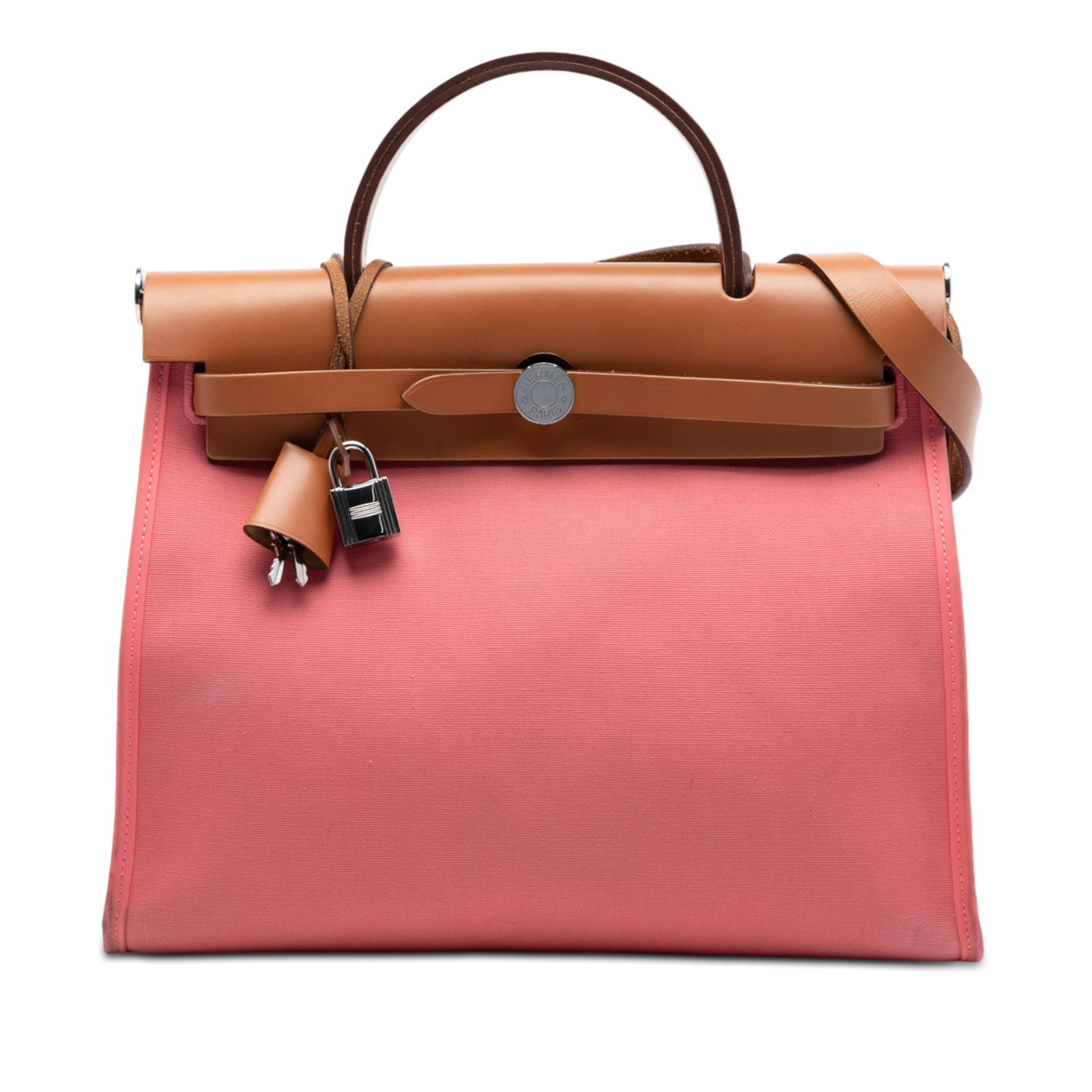 Hermes Herbag Zip 31 Pink Canvas and Leather Shoulder Bag: Hermes Herbag Zip 31 Pink Canvas and Leather Shoulder Bag The Hermes Toile Herbag Zip 31 is a stylish bag featuring a canvas body, a flat leather top handle, a flat leather shoulder strap, a front lea