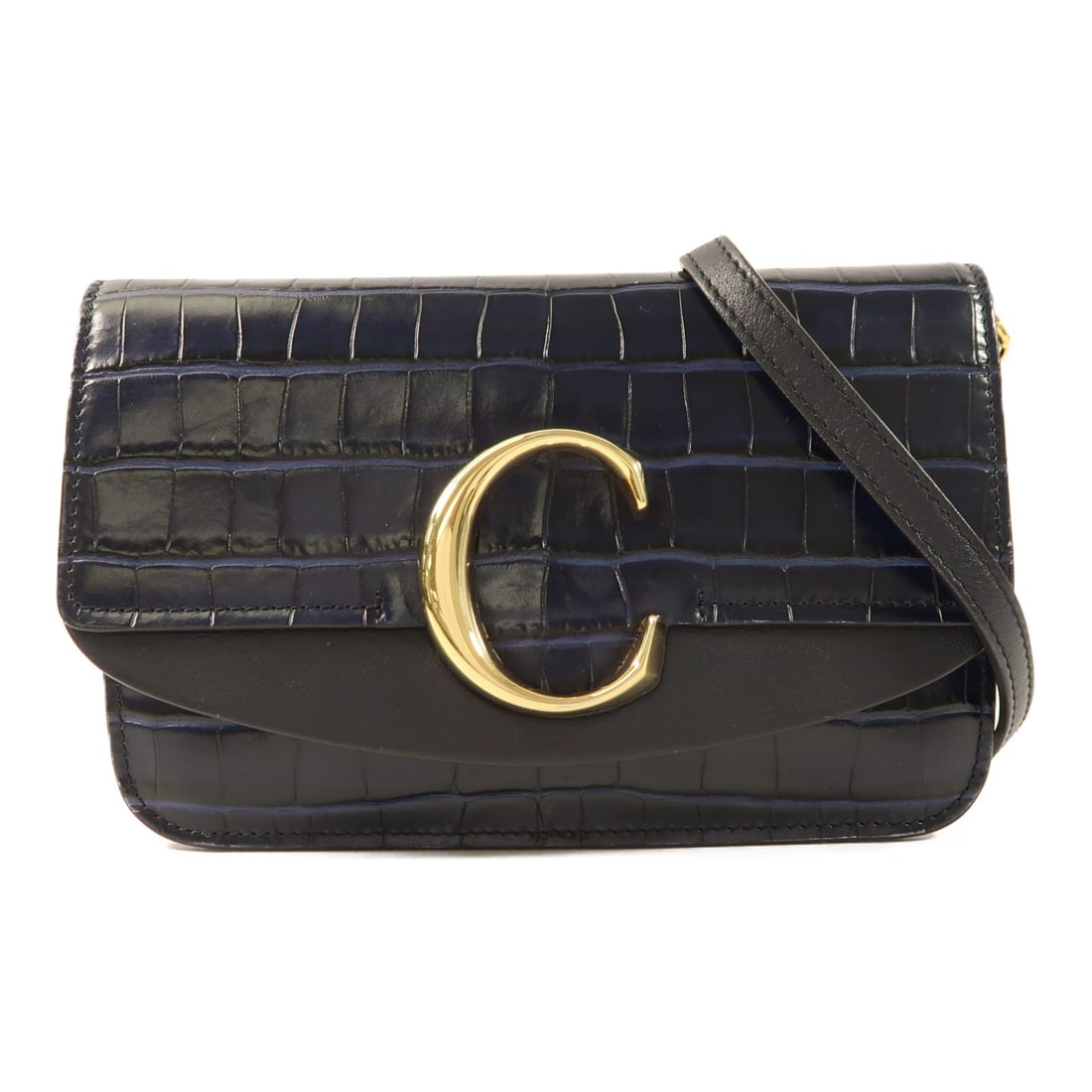 Chloe Navy Calfskin Leather Shoulder Bag with Chain Strap Gold Hardware: Chloe Navy Calfskin Leather Shoulder Bag with Chain Strap Gold Hardware This Chloe shoulder bag features a navy calfskin leather exterior and chain detailing. Designed in a regular size, it is crafted