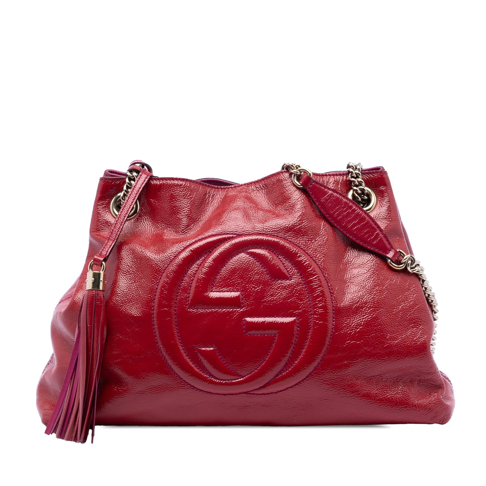 Gucci Soho Medium Red Patent Leather Tote with Chain Strap: Gucci Soho Medium Red Patent Leather Tote with Chain Strap This Gucci Medium Patent Soho Chain Tote features a red patent leather body with chain link straps, leather shoulder guards, and a tassel det