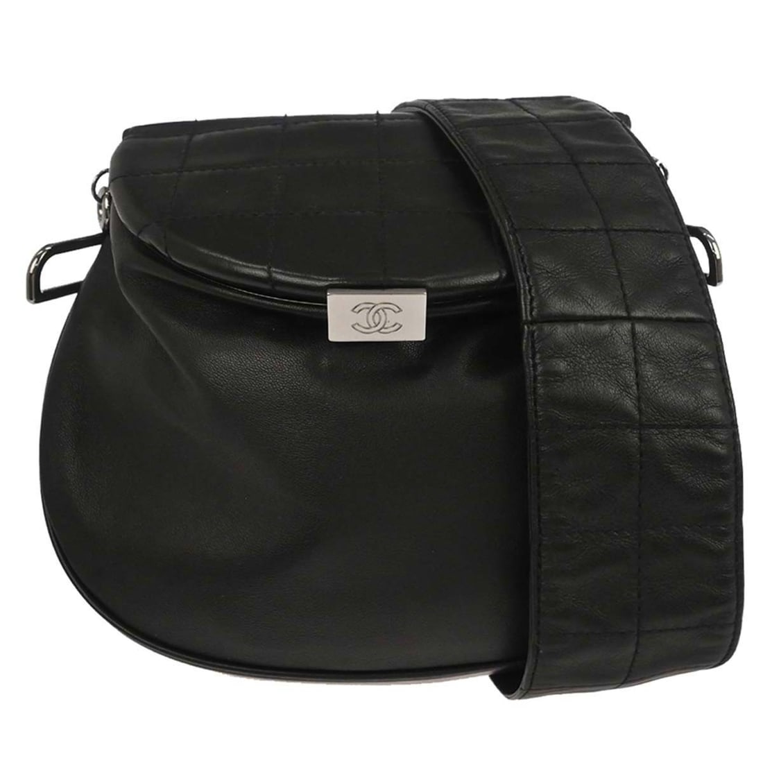 Choco Bar Black Leather Medium Shoulder Bag by Chanel: Choco Bar Black Leather Medium Shoulder Bag by Chanel This Chanel Choco Bar shoulder bag features a medium-sized silhouette crafted from black leather with a CC pattern. The bag is designed with a mag