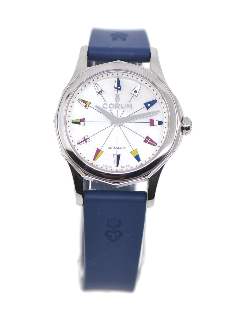 Corum Admirals Cup Automatic Stainless Steel Watch 400.100.20/0379 with Box and Papers: Corum Admirals Cup Automatic Stainless Steel Watch 400.100.20/0379 with Box and Papers This Corum Admiral's Cup wristwatch combines elegance and functionality, featuring a stunning mother of pearl dia