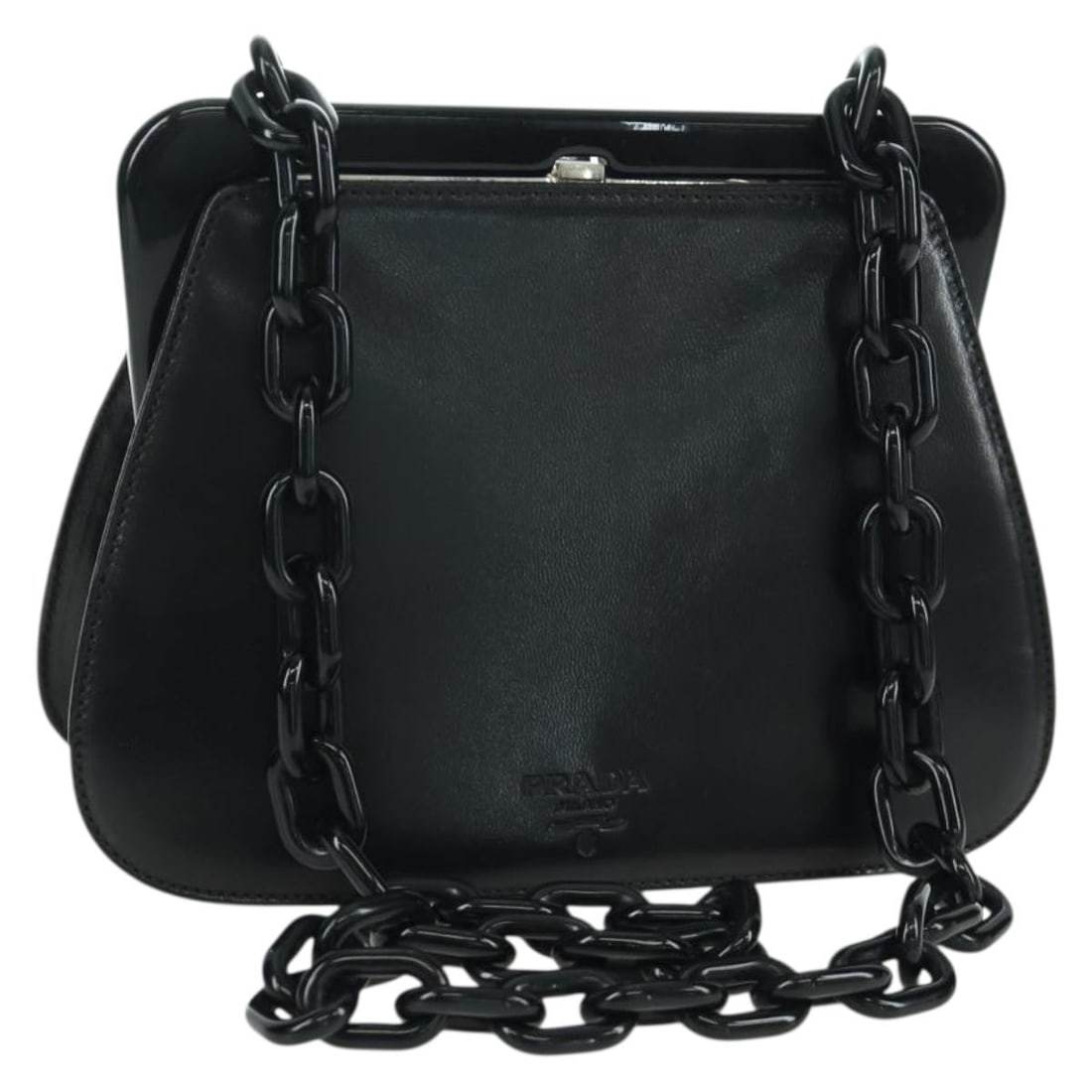 Prada Black Leather Shoulder Bag with Plastic Chain Strap: Prada Black Leather Shoulder Bag with Plastic Chain Strap This is a Prada shoulder bag crafted from black leather, featuring a plastic chain strap. Designed for women, the bag is made in Italy and off
