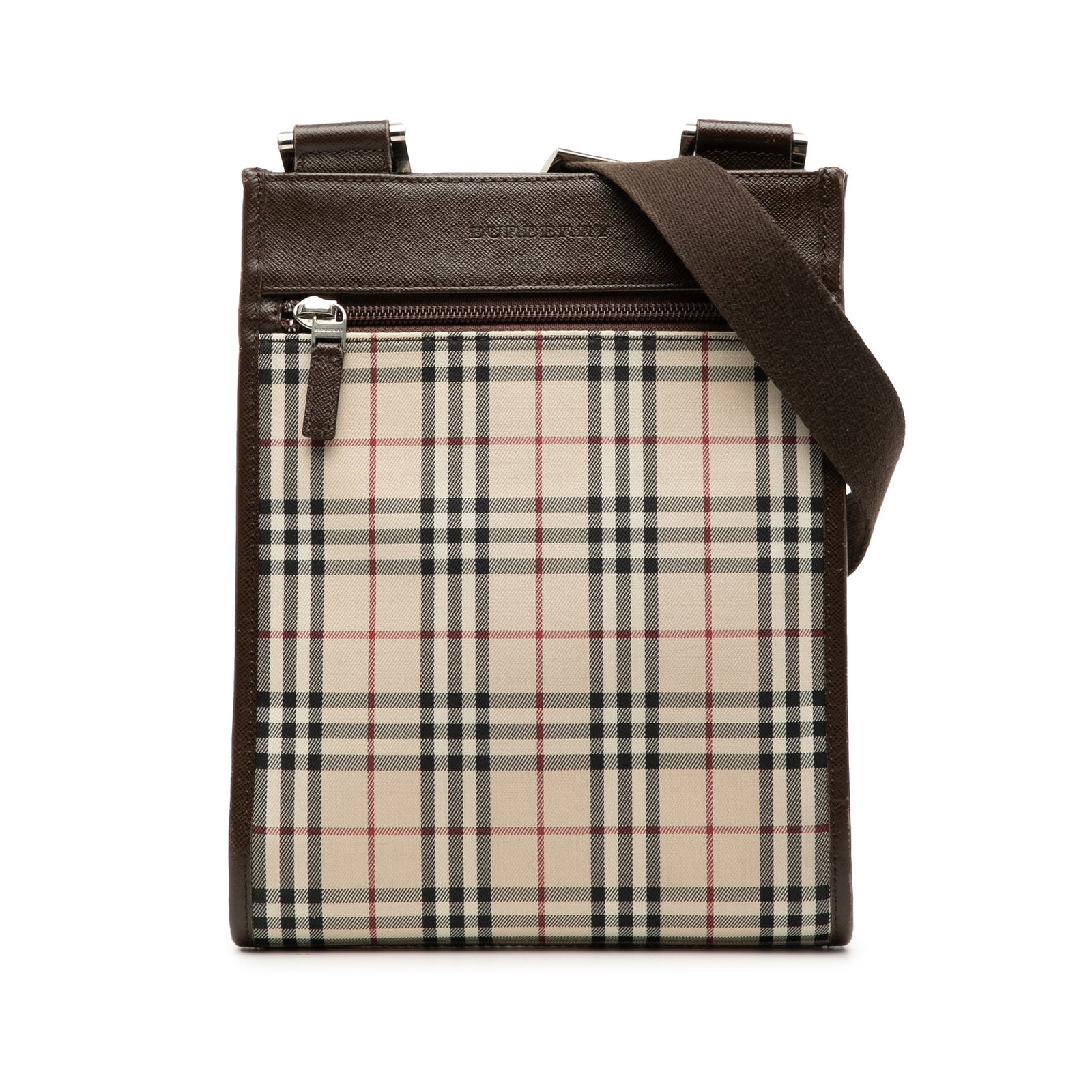 Burberry House Check Beige Canvas Crossbody Bag with Leather Trim: Burberry House Check Beige Canvas Crossbody Bag with Leather Trim This Burberry House Check Canvas Crossbody bag features the iconic house check canvas with leather trim. It is designed with an adjust