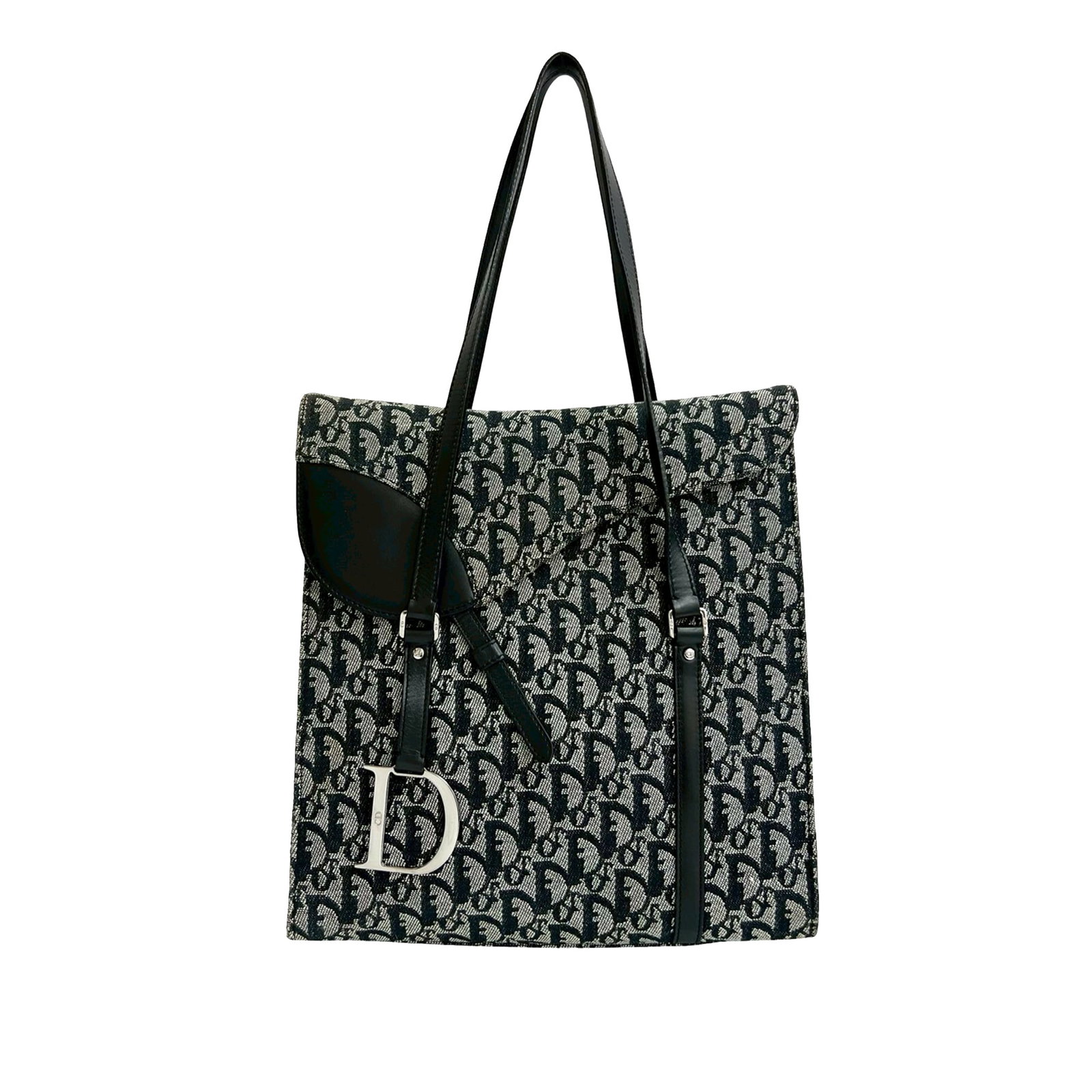 Dior Diorissimo Trotter Saddle Tote Bag Black Canvas and Leather Trim: Dior Diorissimo Trotter Saddle Tote Bag Black Canvas and Leather Trim This Diorissimo Trotter Canvas Saddle Tote features a canvas body with leather trim, flat leather straps, a front flap with magnet