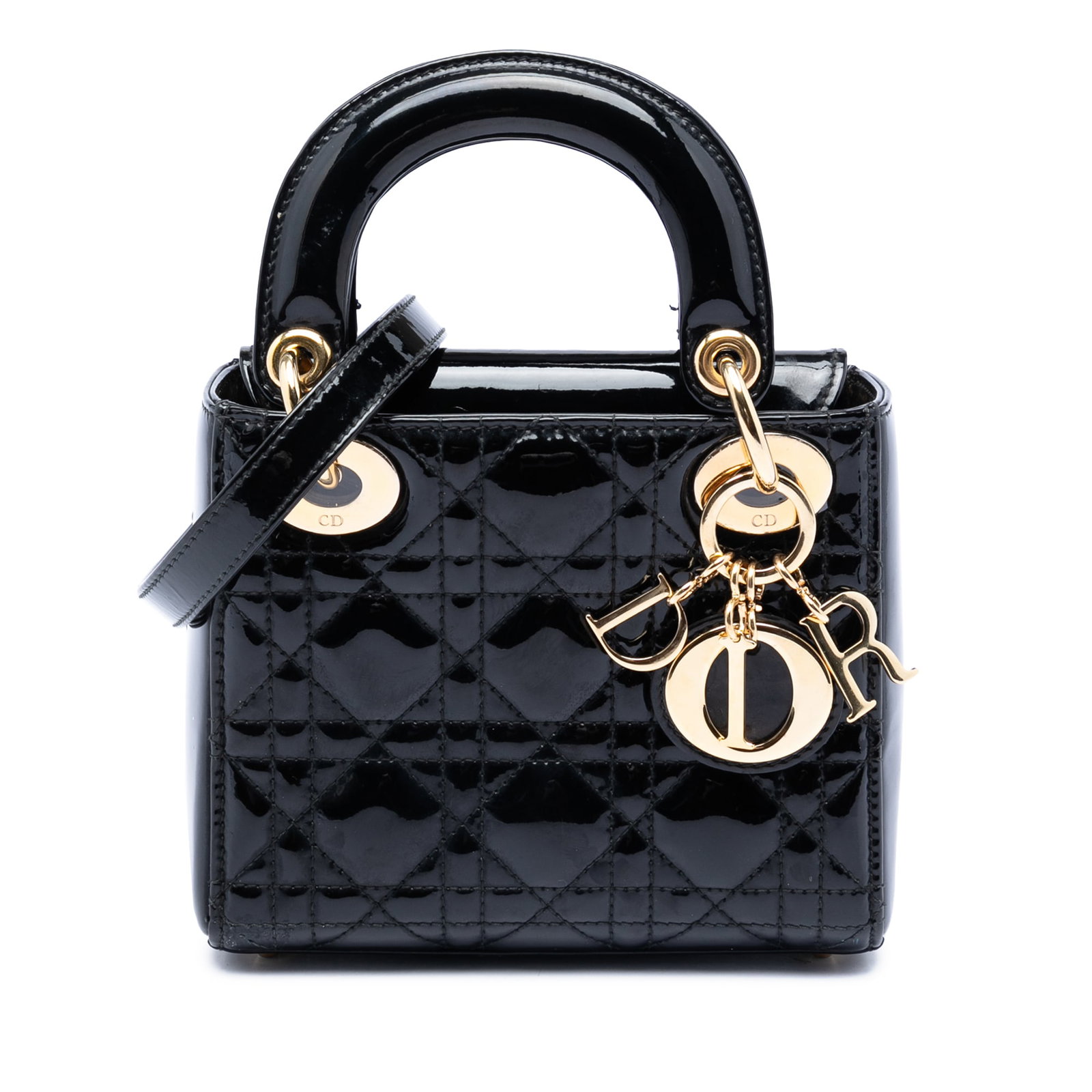 Black Quilted Patent Leather Mini Lady Dior Bag with Detachable Strap: Black Quilted Patent Leather Mini Lady Dior Bag with Detachable Strap This Lady Dior Mini Patent Cannage bag features a quilted patent leather body in black, flat top handles, a detachable flat strap,