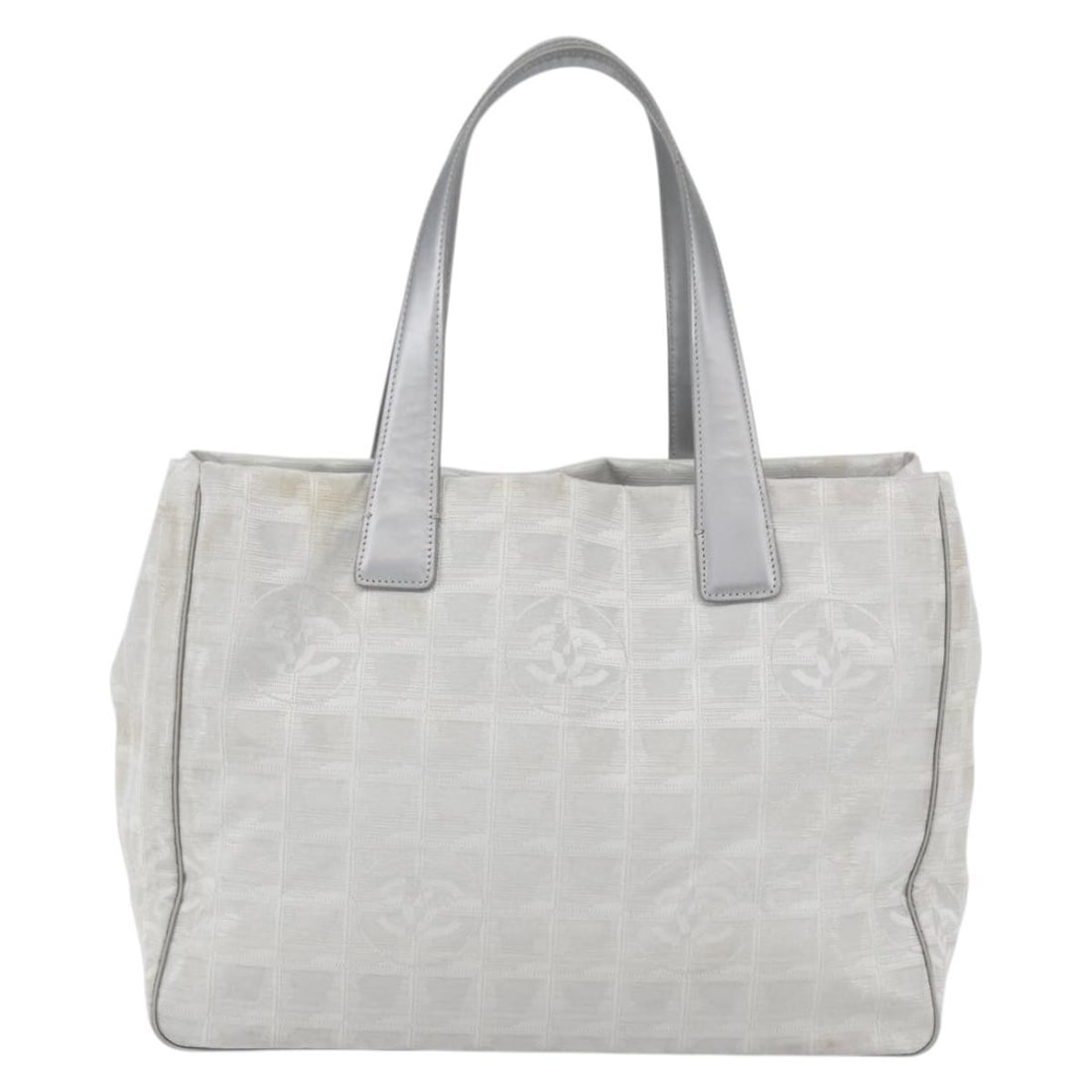 Chanel Travel Line Silver Nylon Tote Bag for Women: Chanel Travel Line Silver Nylon Tote Bag for Women This Chanel Travel Line Tote is crafted from silver nylon and designed for women. Made in France, it features a spacious interior and durable constru