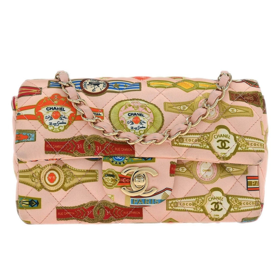 Chanel Pink Satin Quilted Cuba Cigare Print Shoulder Bag: Chanel Pink Satin Quilted Cuba Cigare Print Shoulder Bag This elegant Chanel shoulder bag features a charming pink satin exterior adorned with a Cuba Cigare print, making it a stylish accessory for ca