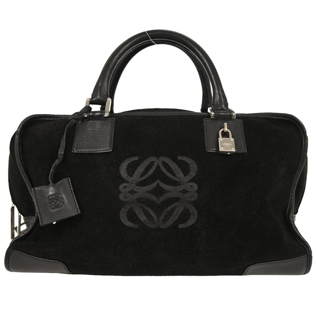 Loewe Black Suede Amazona 36 Top Handle Handbag: Loewe Black Suede Amazona 36 Top Handle Handbag Elevate your accessory collection with this stunning Loewe Amazona 36 Handbag, crafted from luxurious black suede leather. This elegant top handle bag f