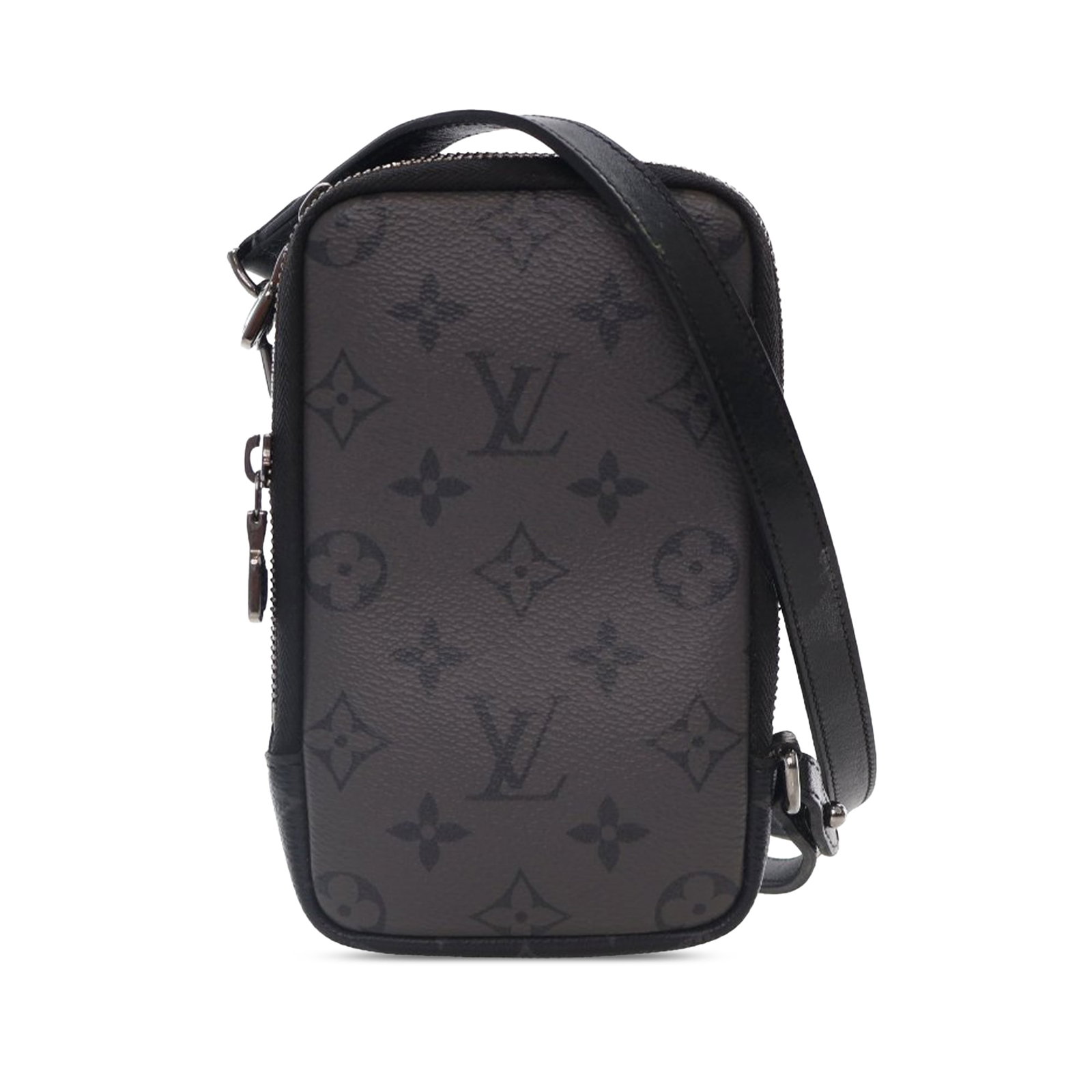 Monogram Eclipse Reverse canvas double phone pouch with detachable strap: Monogram Eclipse Reverse canvas double phone pouch with detachable strap This Louis Vuitton Monogram Eclipse Reverse Double Phone Pouch features a monogram eclipse reverse canvas body, a detachable fl