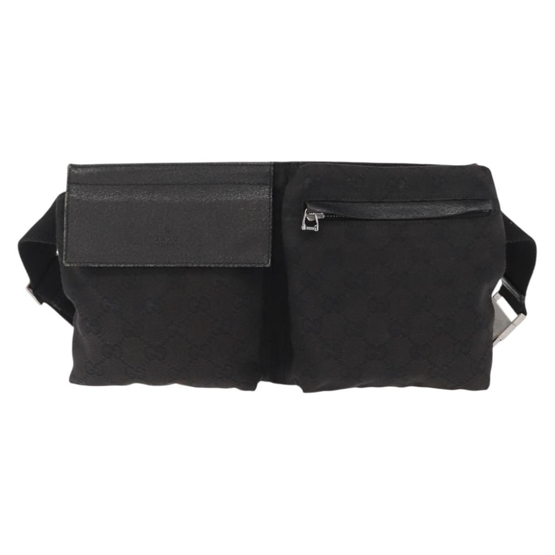 Black GG Canvas Vintage Double Belt Bag by Gucci Unisex: Black GG Canvas Vintage Double Belt Bag by Gucci Unisex This Gucci Vintage Double Belt Bag features the iconic GG canvas with leather accents in black. Designed for unisex use, the bag offers