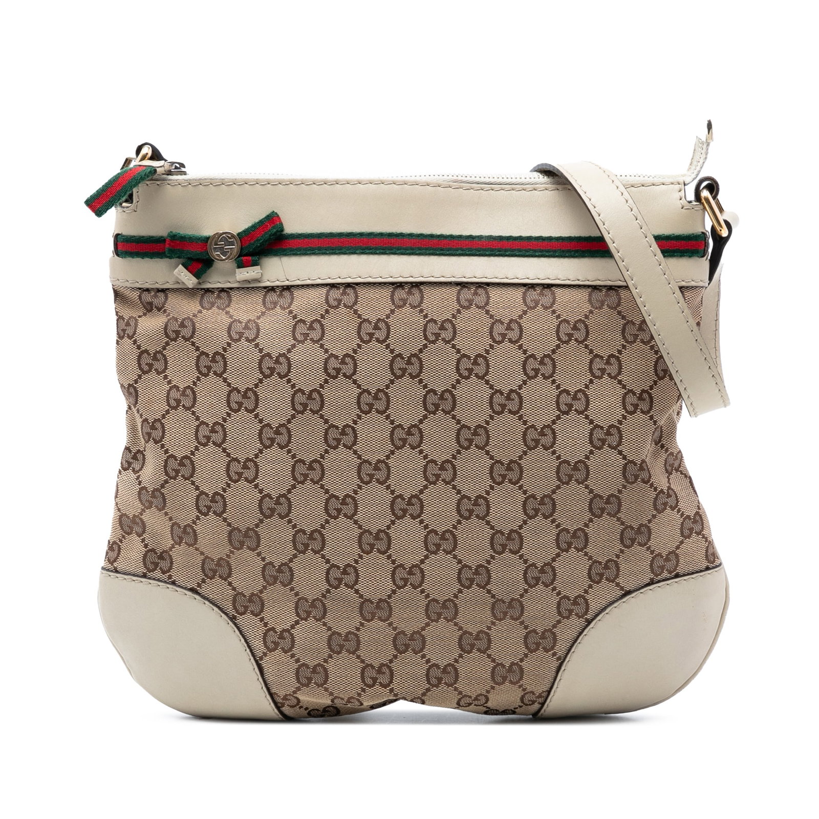 GG Canvas Mayfair Crossbody Bag with Web Ribbon Detail: GG Canvas Mayfair Crossbody Bag with Web Ribbon Detail The Gucci GG Canvas Web Mayfair Crossbody is crafted in beige fabric with leather trim, featuring an adjustable flat leather strap, a signature