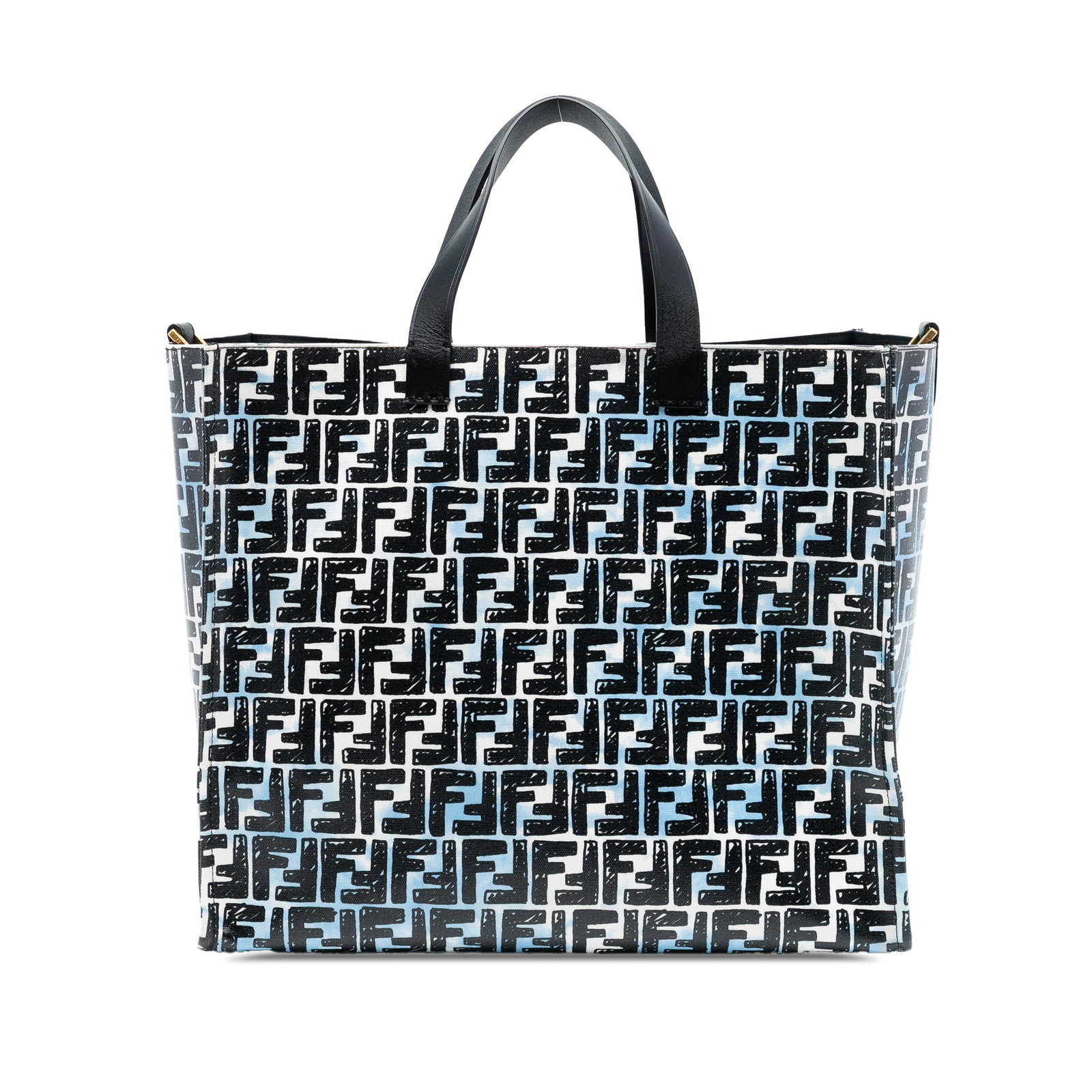 Fendi Joshua Vides Zucca Blue Coated Canvas Tote Bag with Leather Handles: Fendi Joshua Vides Zucca Blue Coated Canvas Tote Bag with Leather Handles This Fendi Joshua Vides Zucca Coated Canvas Cloudy Shopper Satchel features a printed coated canvas body with flat leather han