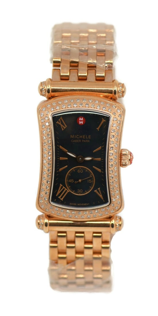 MICHELE Caber Park Diamond Rose Gold Stainless Steel Watch MW16B01B5026: MICHELE Caber Park Diamond Rose Gold Stainless Steel Watch MW16B01B5026 This exquisite Michele Caber Park wristwatch features a stunning rose gold tone stainless steel case and bracelet, perfectly com